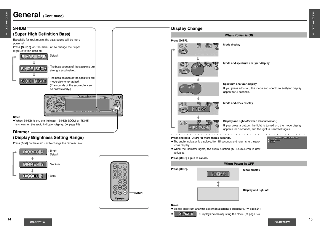 Panasonic CQ-DF701W operating instructions Dimmer Display Brightness Setting Range, When Power is OFF 