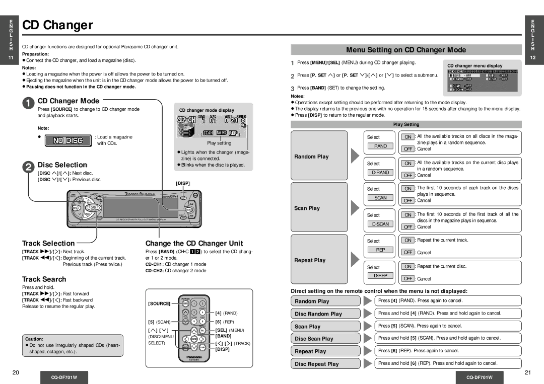 Panasonic CQ-DF701W CD Changer Mode, Disc Selection, Track Selection Change the CD Changer Unit, Disc Repeat Play 