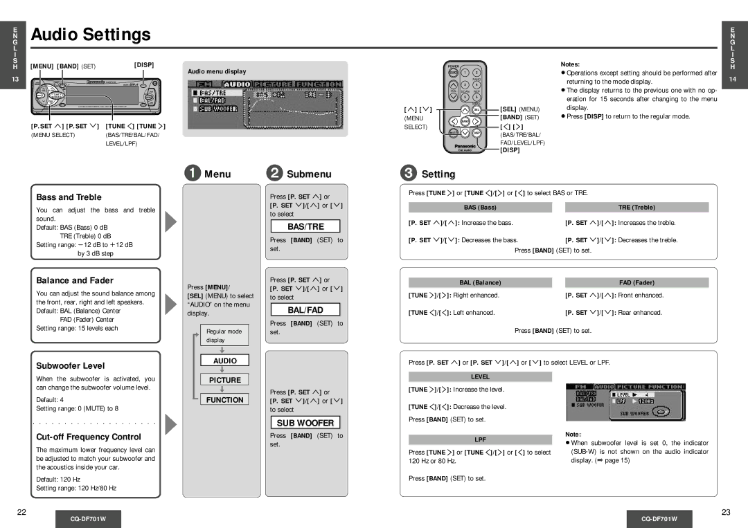 Panasonic CQ-DF701W operating instructions Audio Settings, Menu, Submenu 