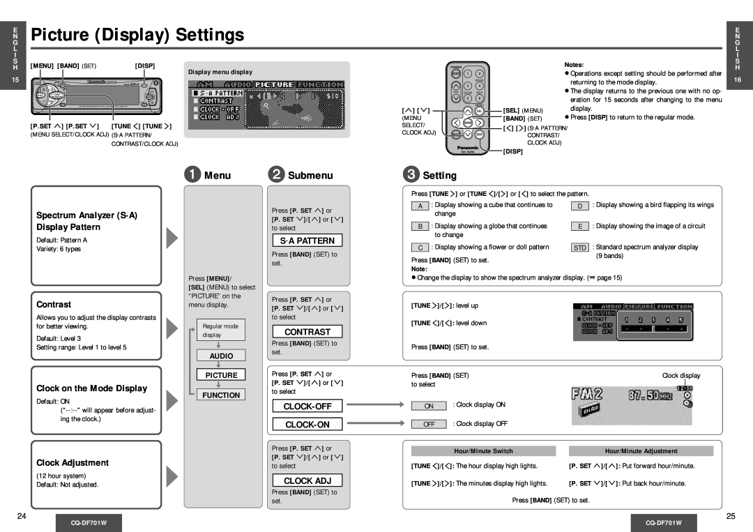 Panasonic CQ-DF701W Picture Display Settings, Menu 2 Submenu, Spectrum Analyzer SA Display Pattern, Contrast, Sa Pattern 