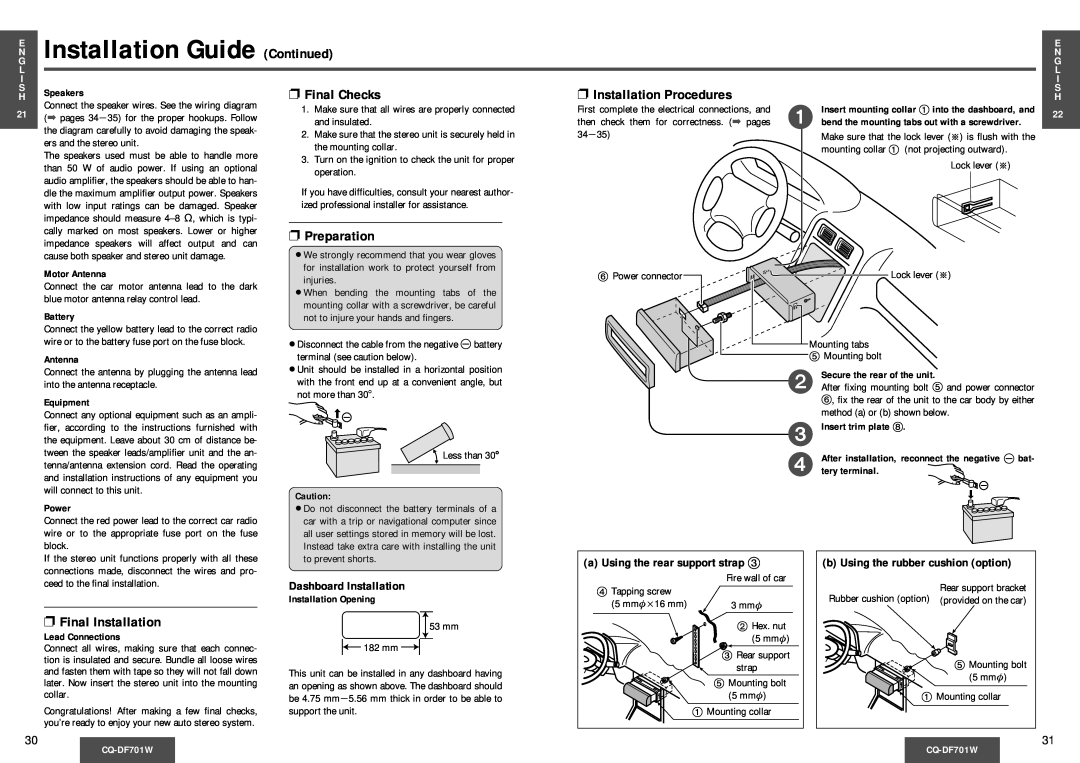 Panasonic CQ-DF701W Installation Guide Continued, Final Checks, Installation Procedures, Preparation, Final Installation 