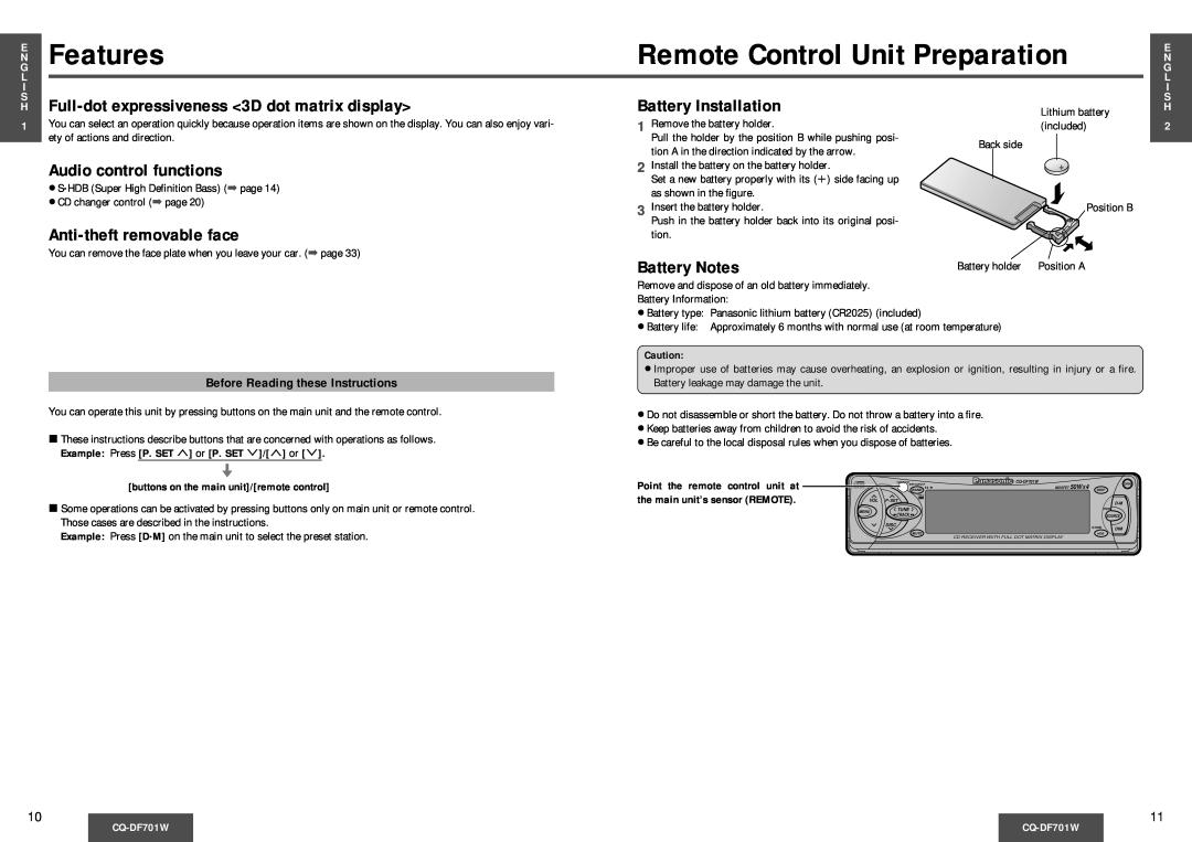 Panasonic CQ-DF701W Features, Remote Control Unit Preparation, Full-dot expressiveness 3D dot matrix display 