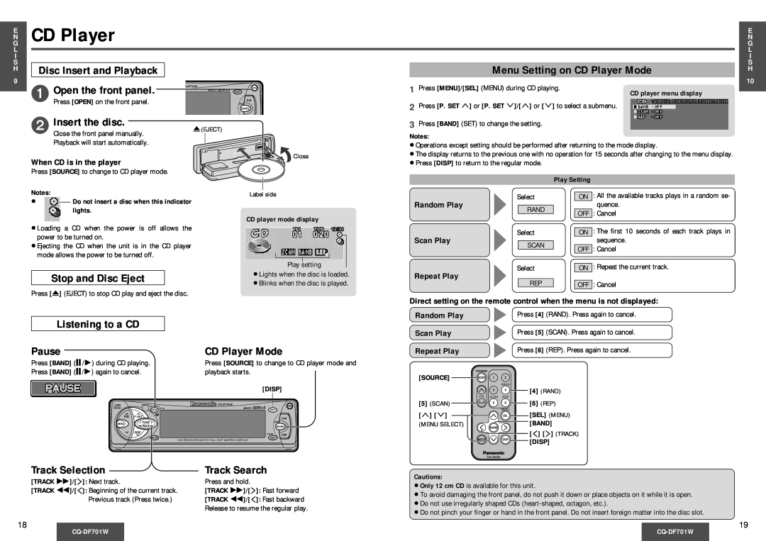 Panasonic CQ-DF701W Menu Setting on CD Player Mode, Insert the disc, Stop and Disc Eject, Listening to a CD Pause 
