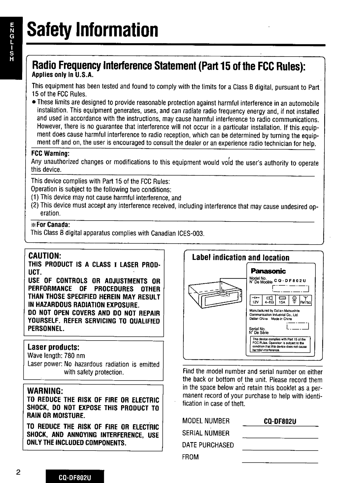 Panasonic CQ-DF802U manual 