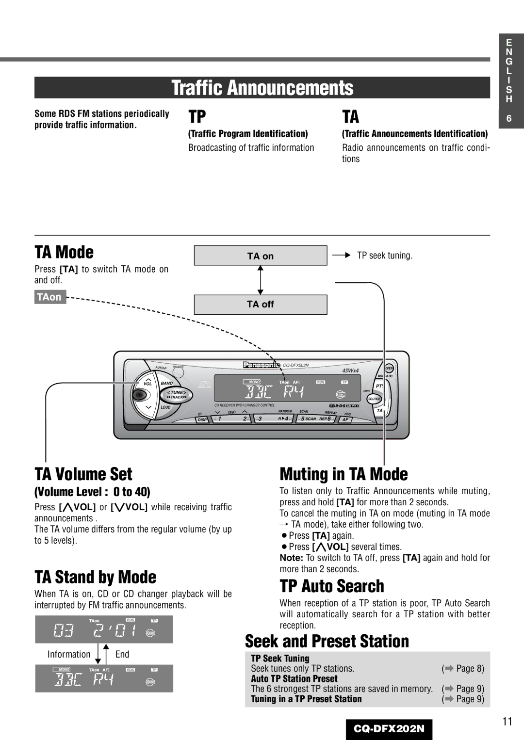 Panasonic CQ-DFX202N TA Volume Set, TA Stand by Mode, Muting in TA Mode, TP Auto Search, Seek and Preset Station 