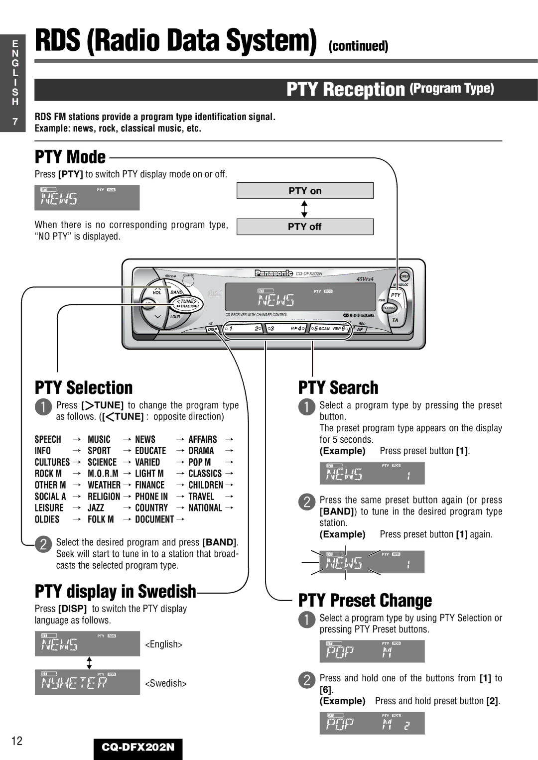 Panasonic CQ-DFX202N operating instructions PTY Mode, PTY Selection, PTY display in Swedish, PTY Search, PTY Preset Change 