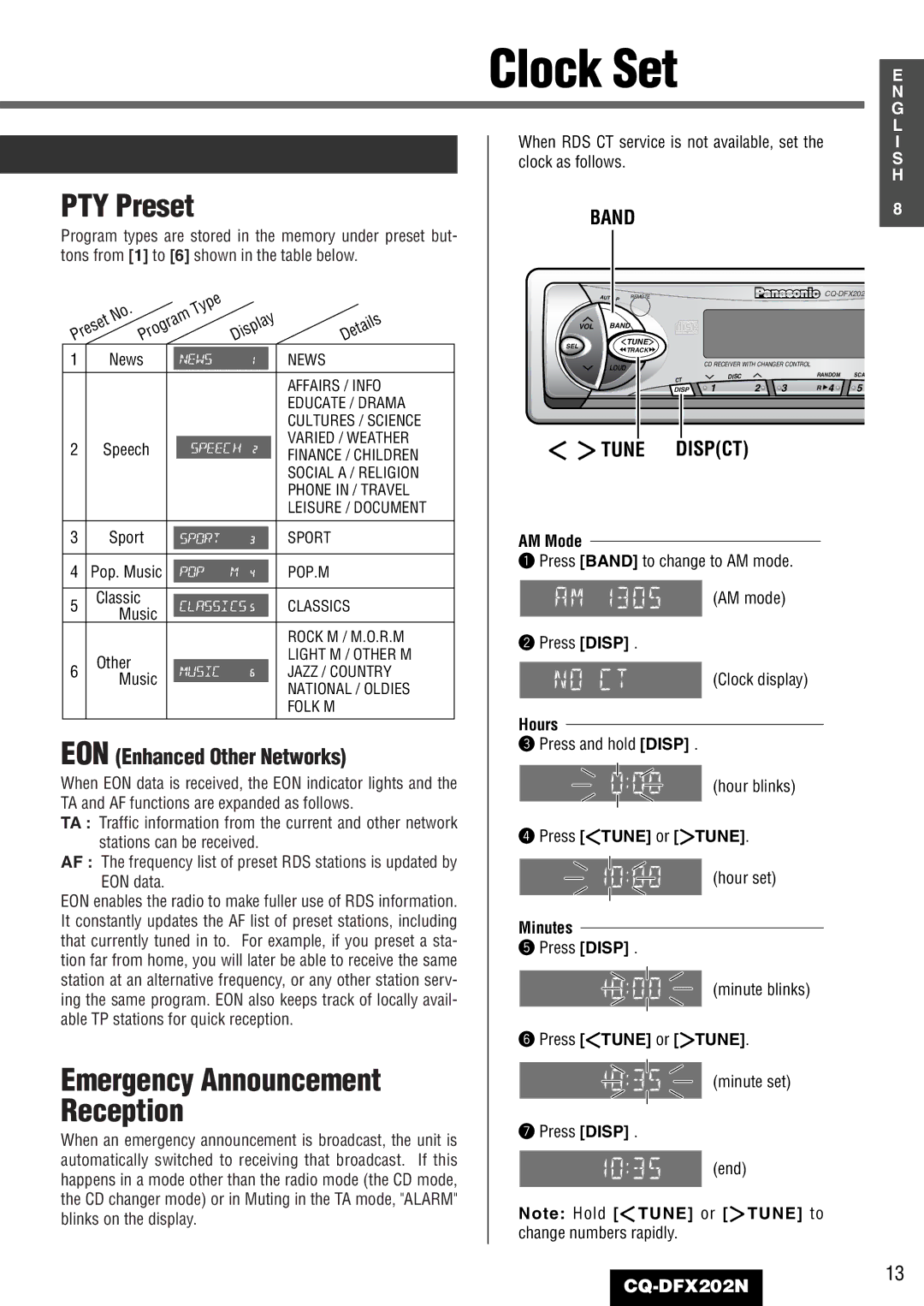 Panasonic CQ-DFX202N operating instructions AM Mode, Hours, Press Tune or Tune, Minutes 