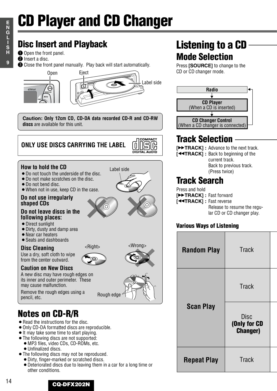 Panasonic CQ-DFX202N CD Player and CD Changer, Disc Insert and Playback, Mode Selection, Track Selection, Track Search 