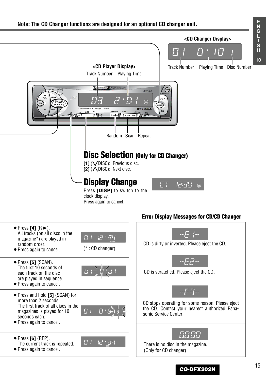 Panasonic CQ-DFX202N operating instructions Error Display Messages for CD/CD Changer, Track, Random Scan Repeat 