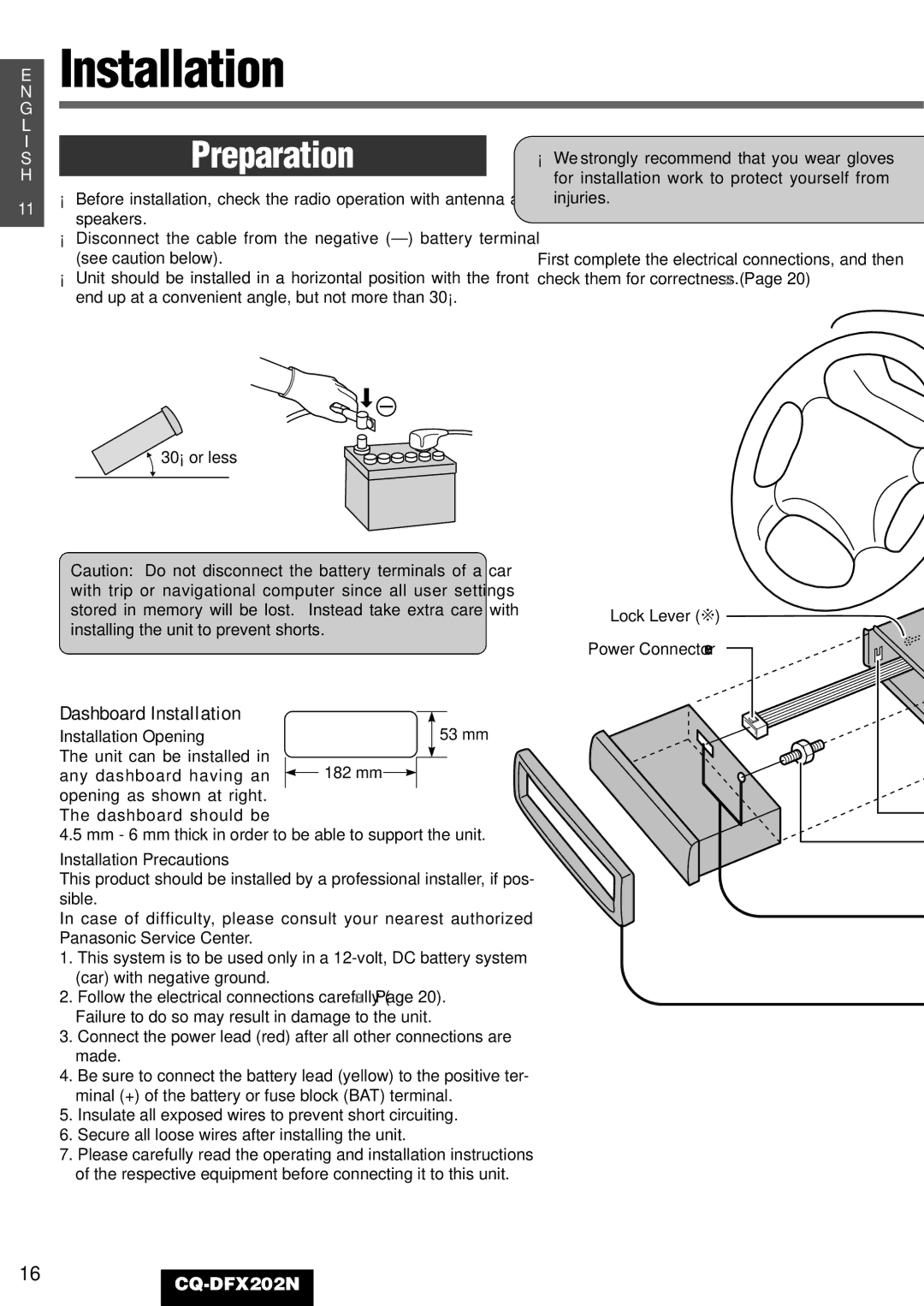 Panasonic CQ-DFX202N operating instructions Dashboard Installation, Installation Opening, Installation Precautions 