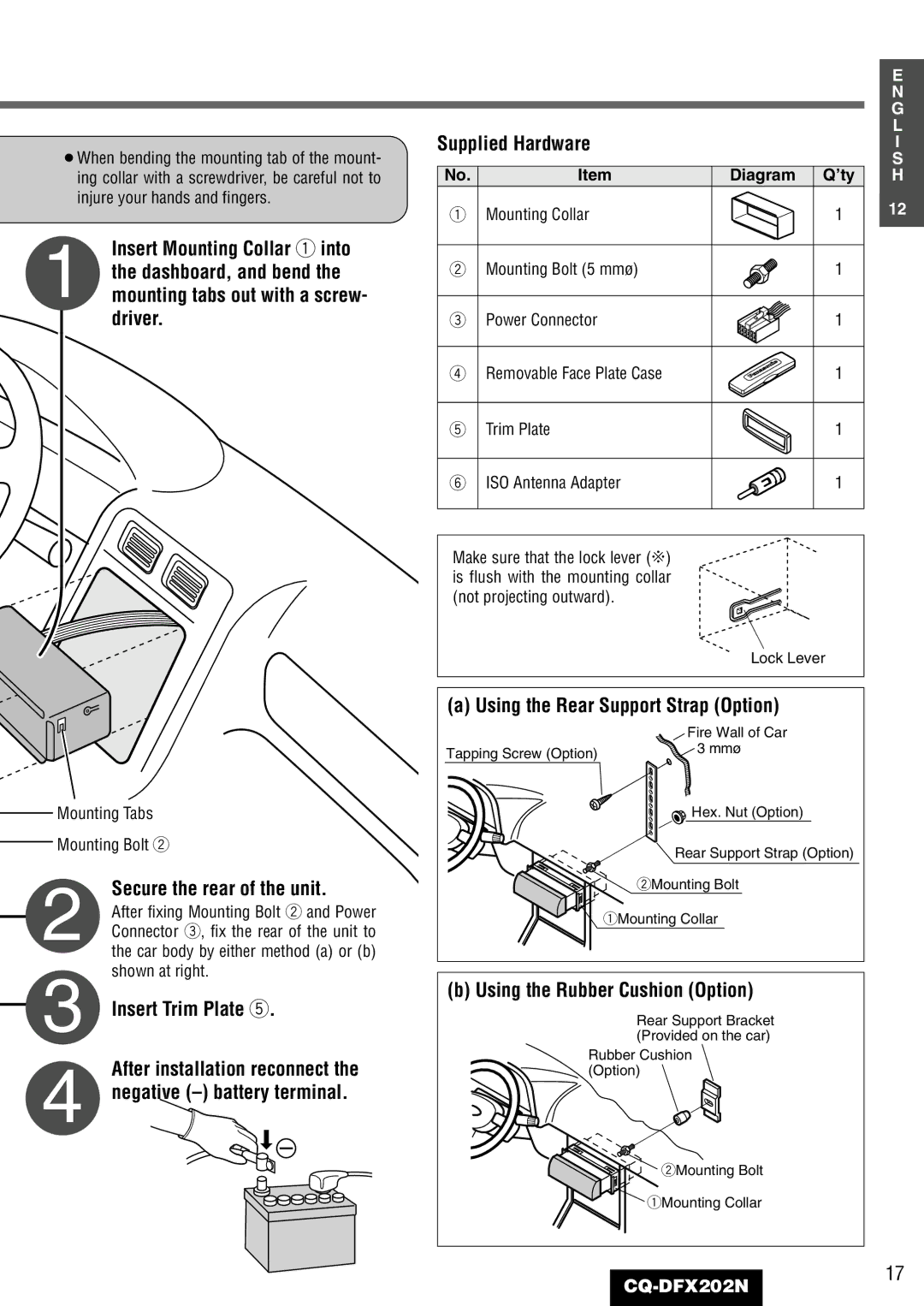 Panasonic CQ-DFX202N Secure the rear of the unit, Using the Rear Support Strap Option, Using the Rubber Cushion Option 