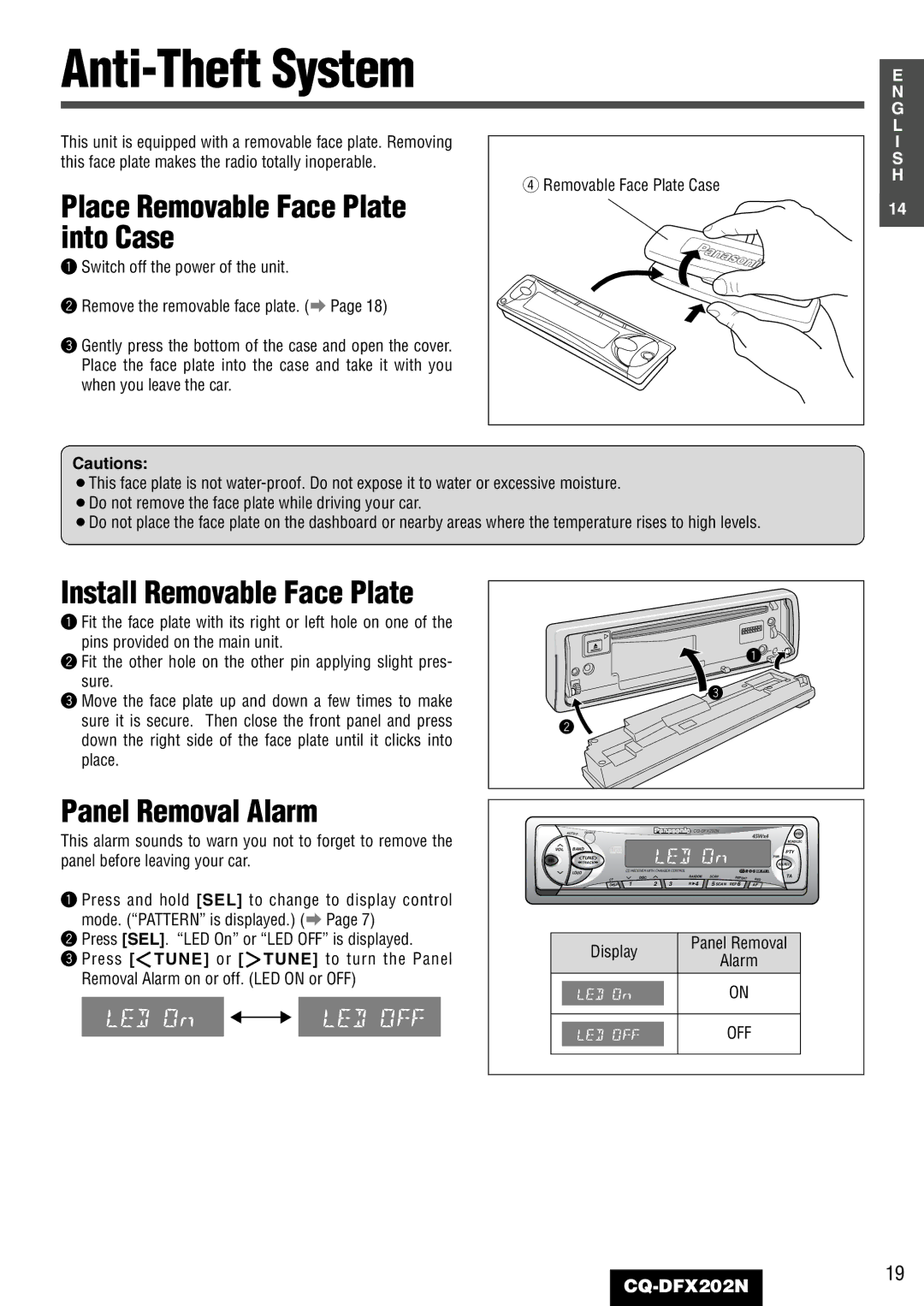 Panasonic CQ-DFX202N Anti-Theft System, Place Removable Face Plate into Case, Install Removable Face Plate, Display 