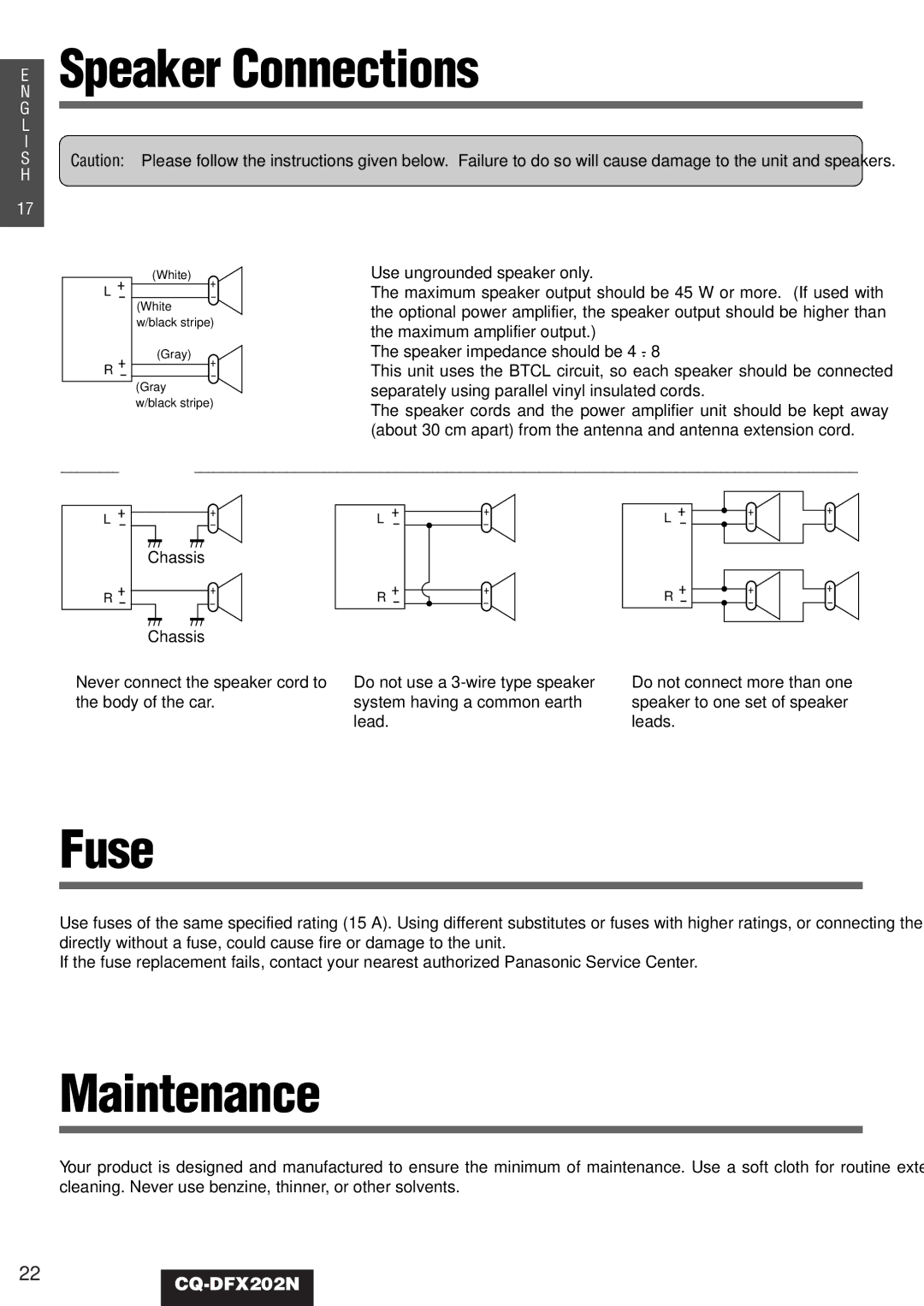 Panasonic CQ-DFX202N Speaker Connections, Fuse, Maintenance, Body of the car System having a common earth, Lead Leads 