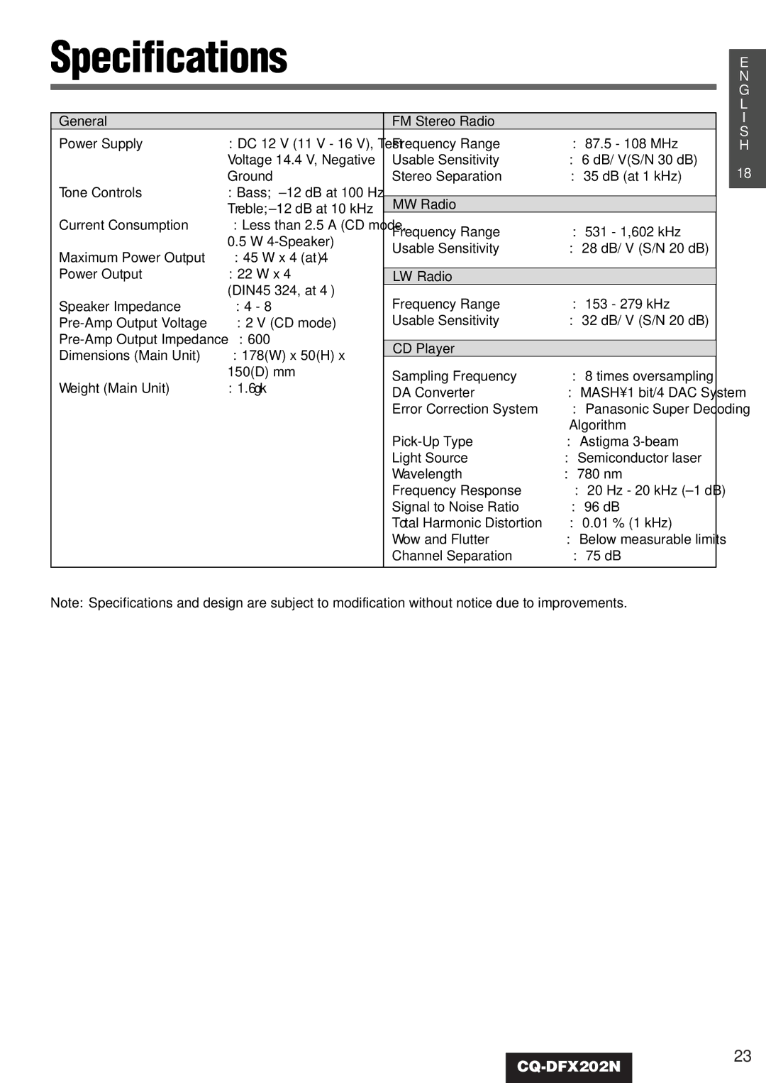 Panasonic CQ-DFX202N operating instructions Specifications, General FM Stereo Radio, MW Radio, LW Radio 