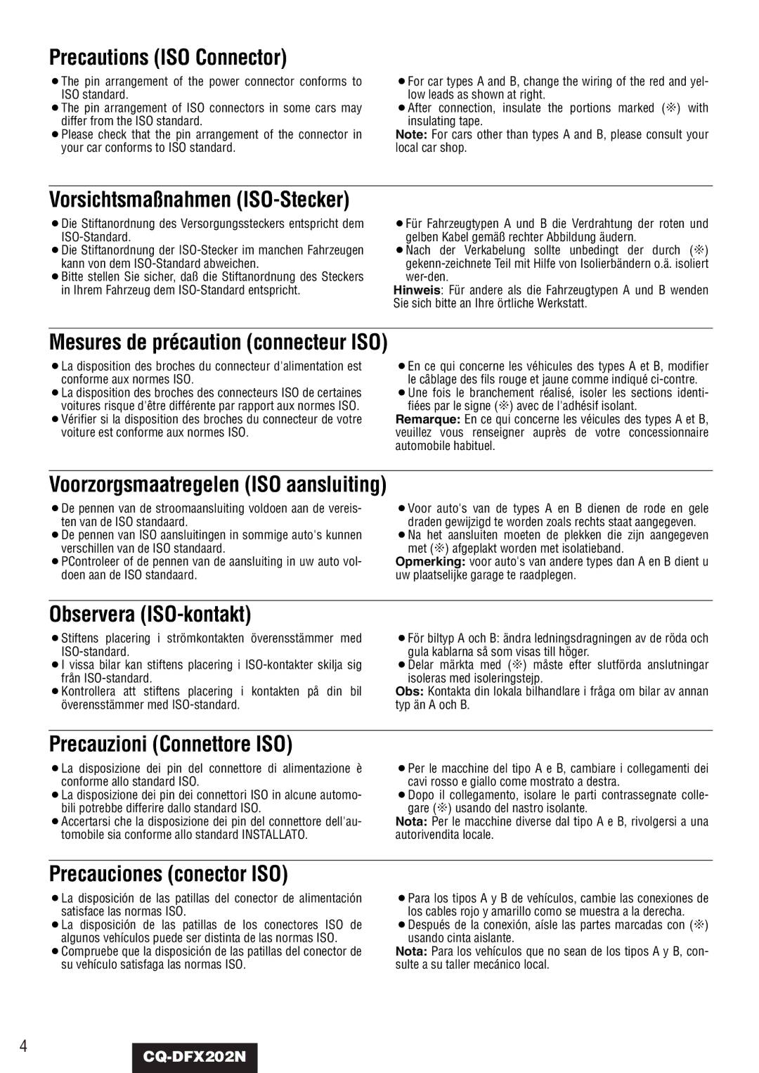 Panasonic CQ-DFX202N operating instructions Vorsichtsmaßnahmen ISO-Stecker, Voorzorgsmaatregelen ISO aansluiting 