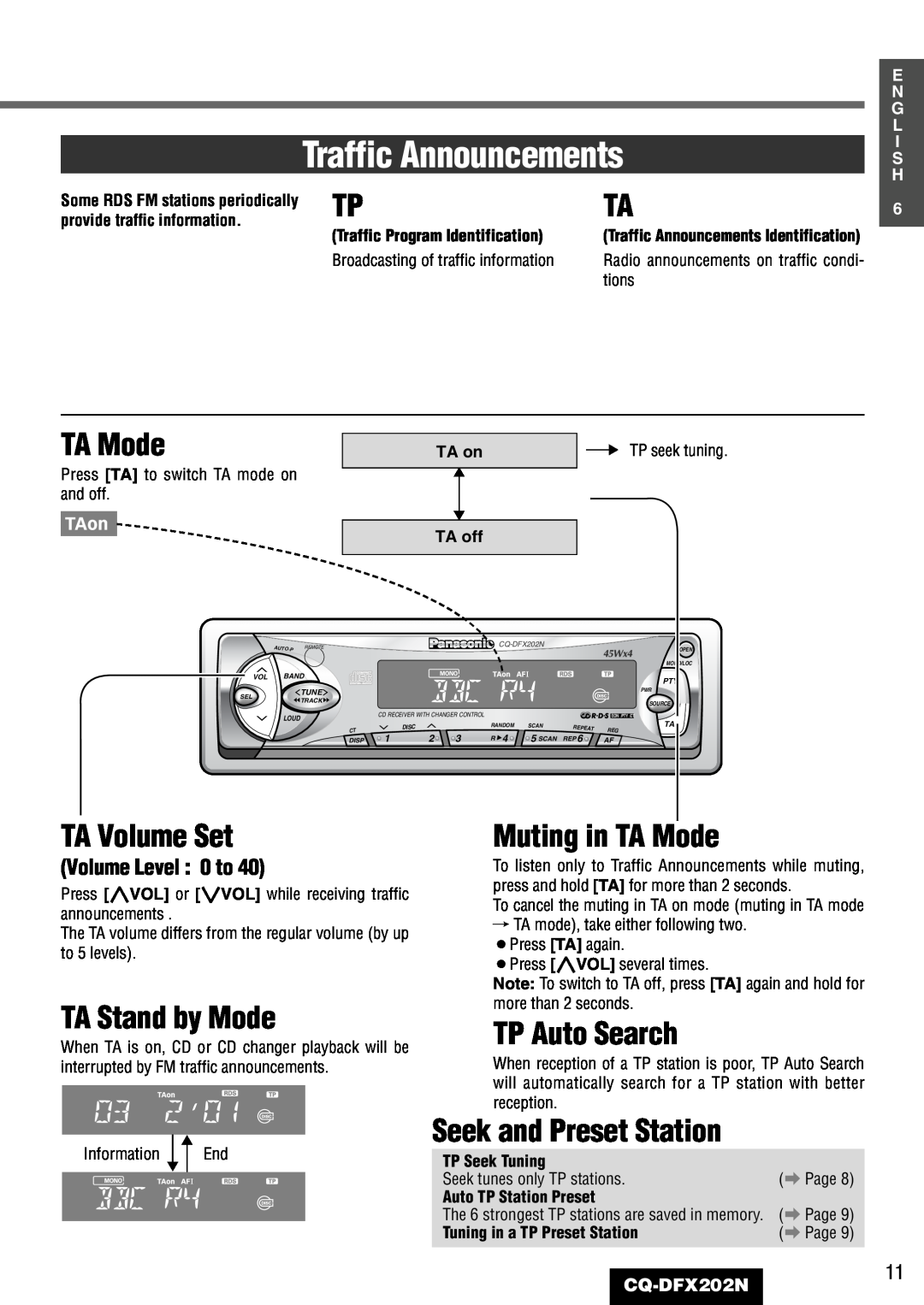 Panasonic CQ-DFX202N Traffic Announcements, TA Volume Set, TA Stand by Mode, Muting in TA Mode, TP Auto Search, tions 