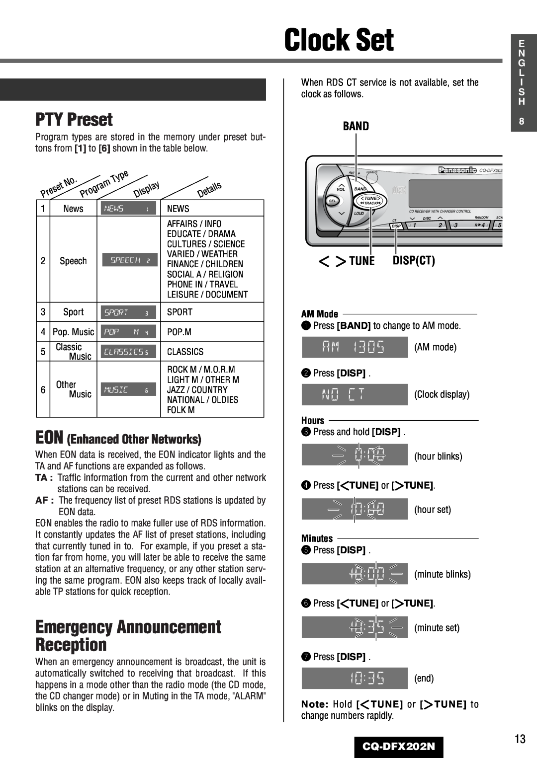 Panasonic CQ-DFX202N EON Enhanced Other Networks, Tune Dispct, Clock Set, PTY Preset, Emergency Announcement Reception 