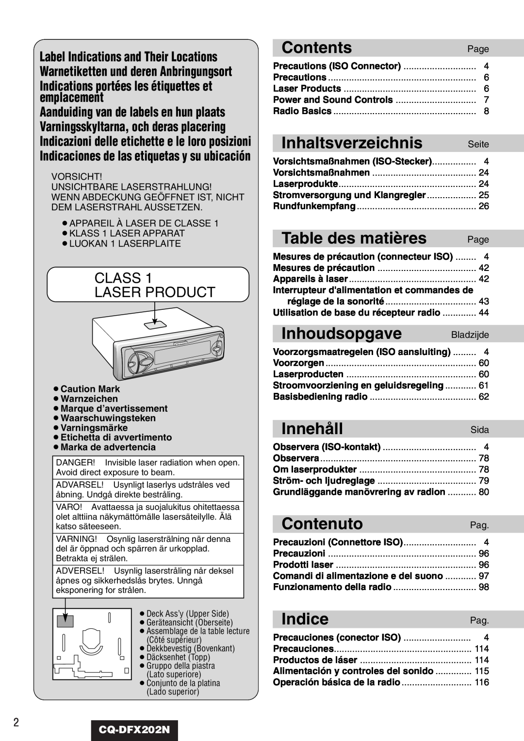 Panasonic CQ-DFX202N Indications portées les étiquettes et emplacement, Contents, Inhaltsverzeichnis, Table des matières 