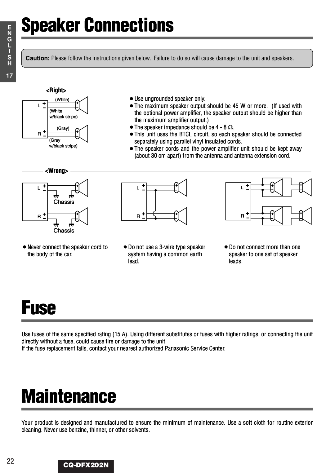 Panasonic CQ-DFX202N operating instructions Speaker Connections, Fuse, Maintenance, Wrong, E N G L I S H 