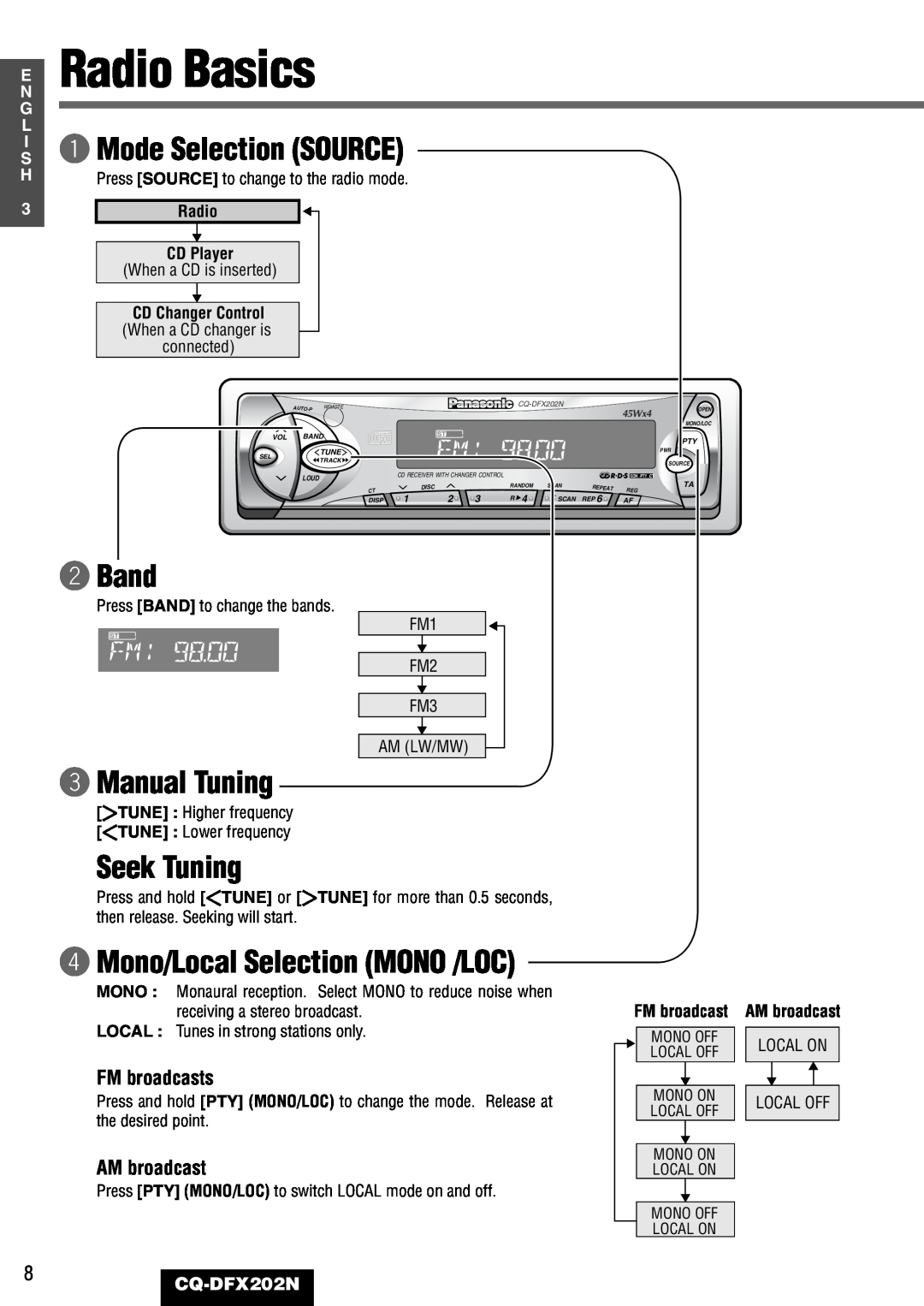 Panasonic CQ-DFX202N Radio Basics, q Mode Selection SOURCE, wBand, e Manual Tuning, Seek Tuning, FM broadcasts 