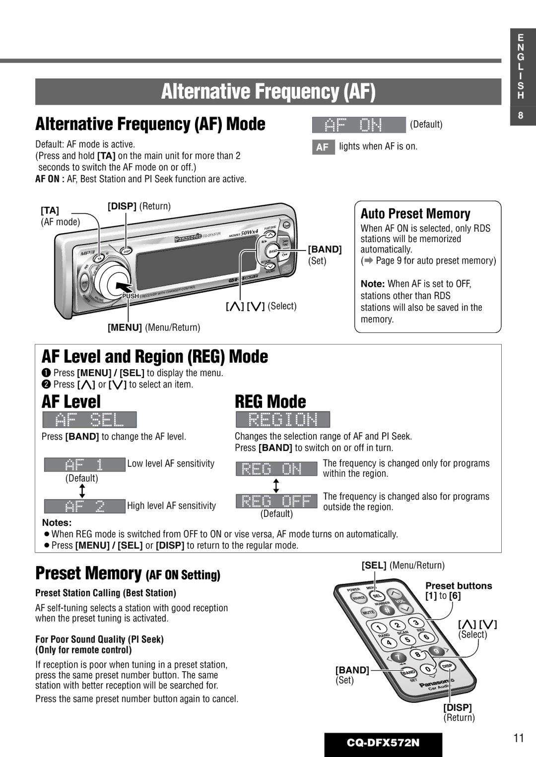 Panasonic operating instructions Alternative Frequency AF, AF Level and Region REG Mode, AF Level REG Mode, CQ-DFX572N11 