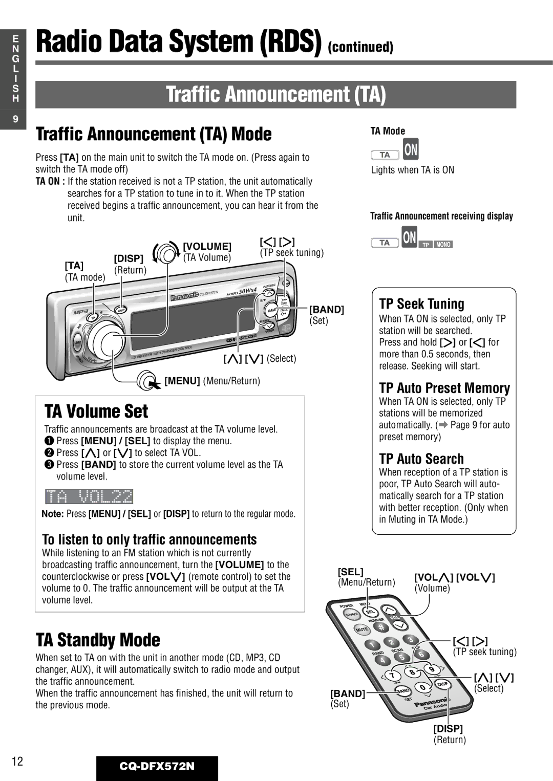 Panasonic operating instructions Traffic Announcement TA Mode, TA Volume Set, TA Standby Mode, 12CQ-DFX572N 