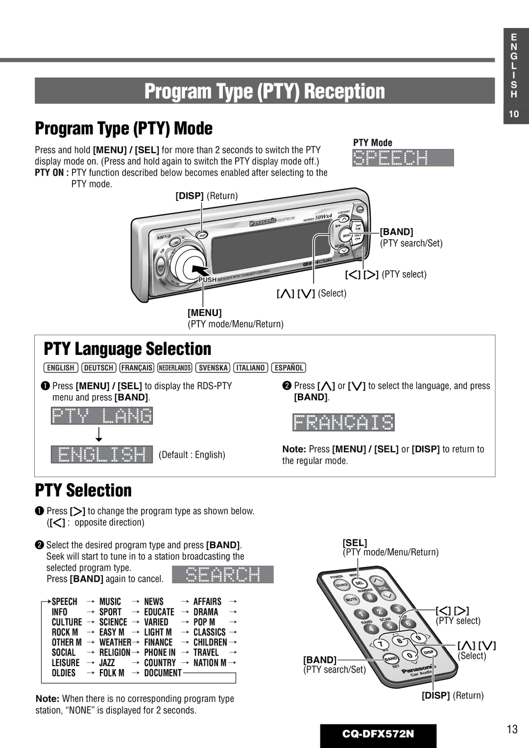 Panasonic CQ-DFX572N Program Type PTY Reception, Program Type PTY Mode, PTY Language Selection, PTY Selection 