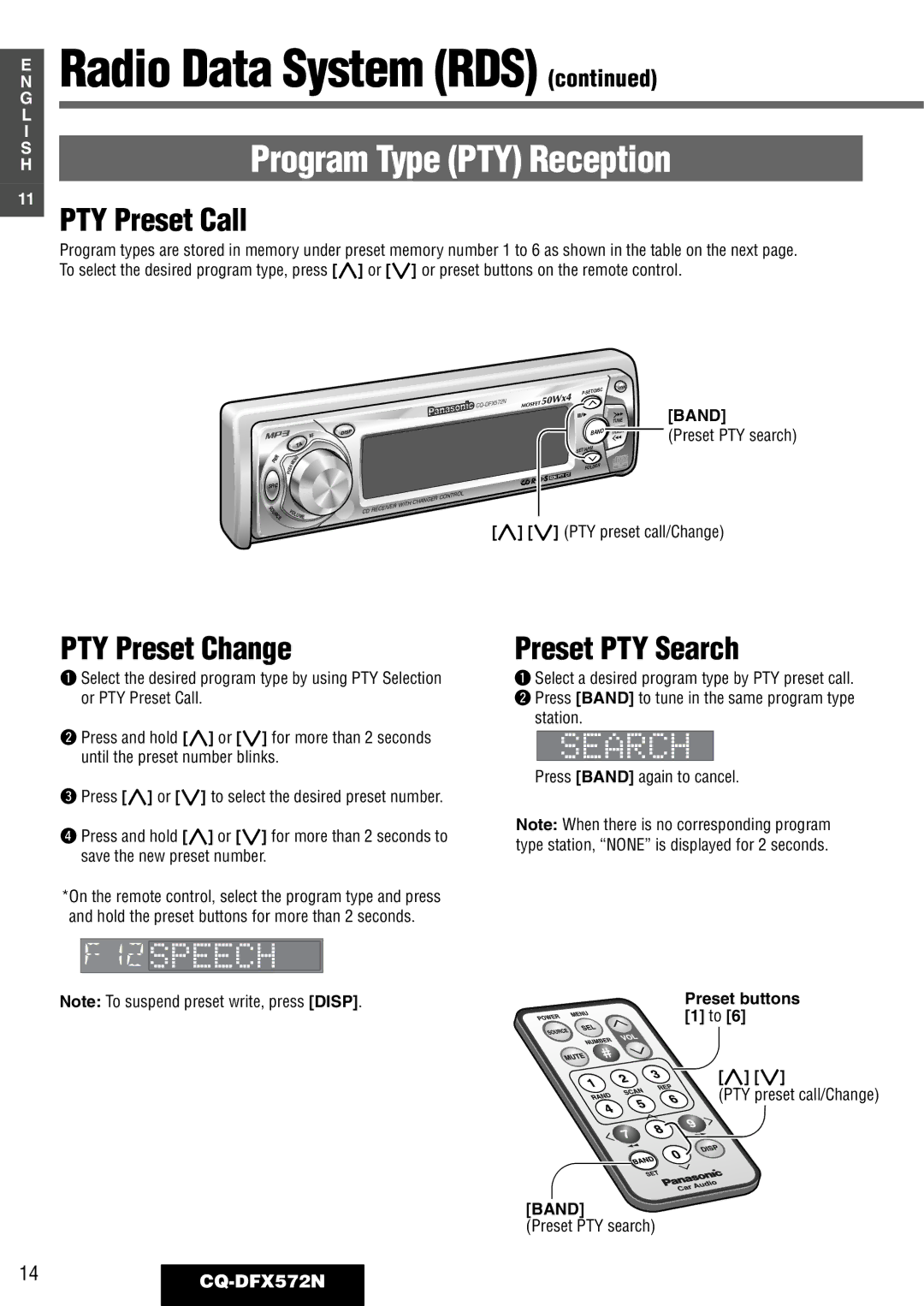 Panasonic operating instructions PTY Preset Call, PTY Preset Change, Preset PTY Search, 14CQ-DFX572N 