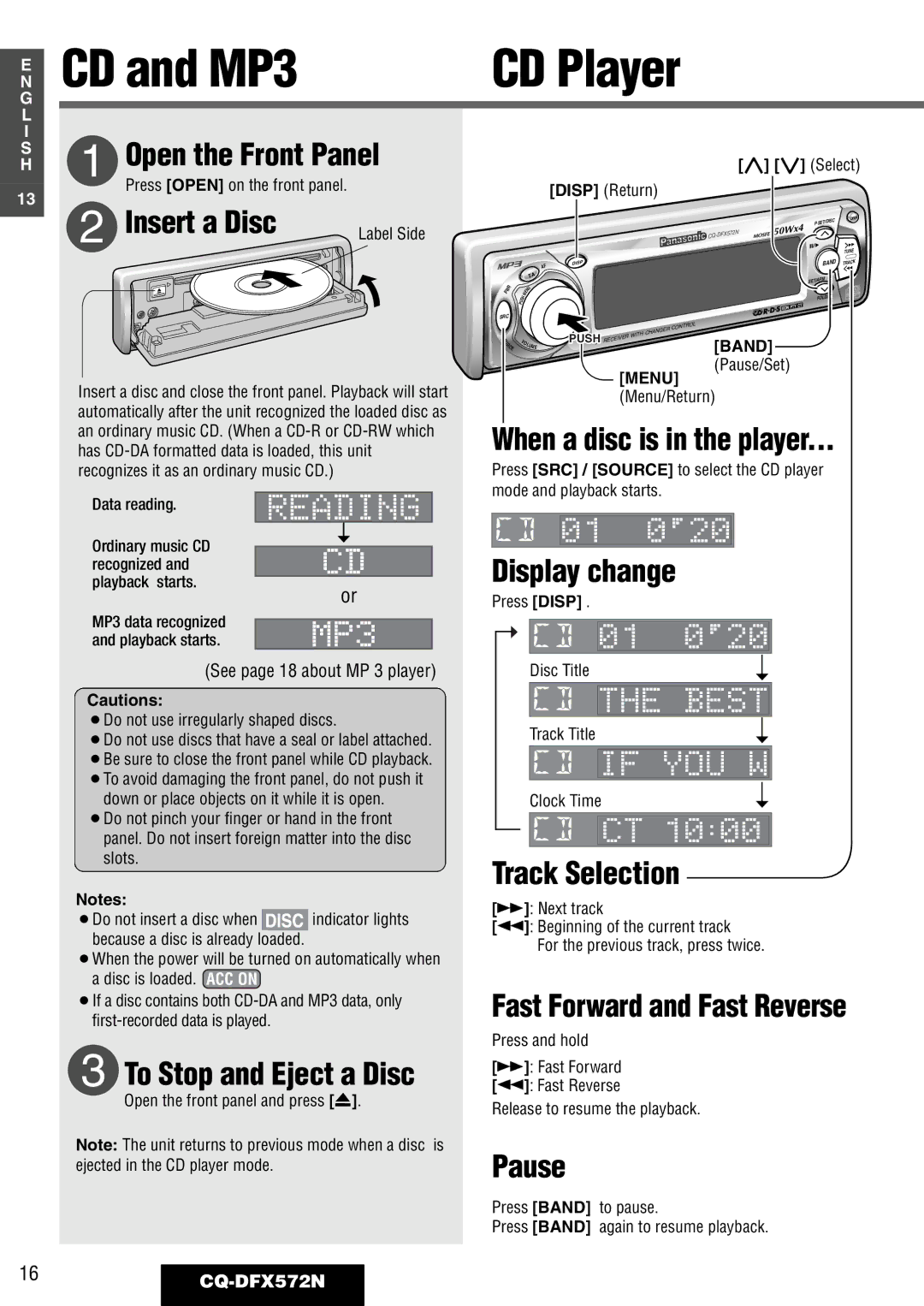 Panasonic CQ-DFX572N operating instructions CD and MP3, CD Player 