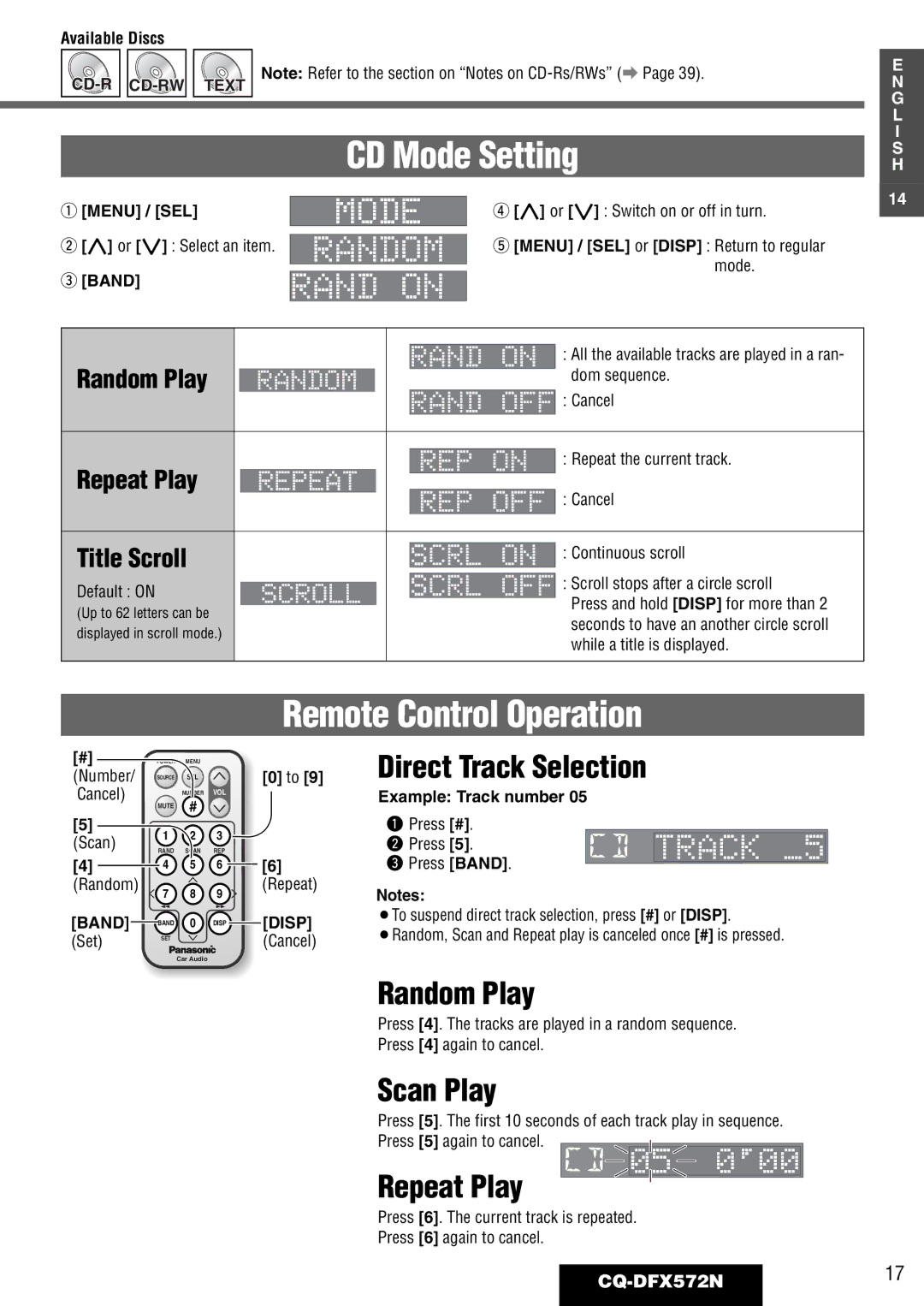 Panasonic CQ-DFX572N operating instructions CD Mode Setting, Remote Control Operation 