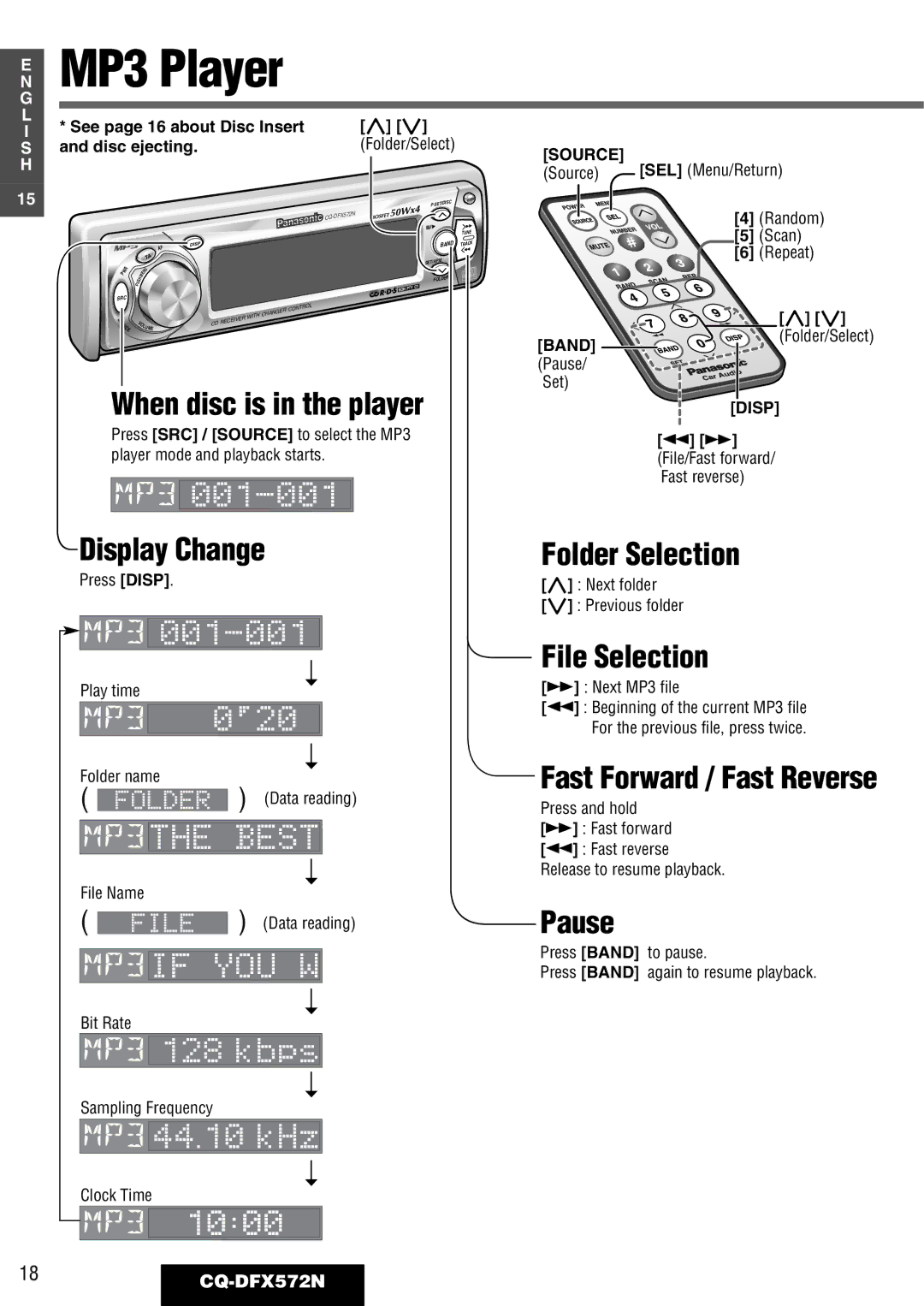 Panasonic operating instructions When disc is in the player, Folder Selection, File Selection, 18CQ-DFX572N, Source 