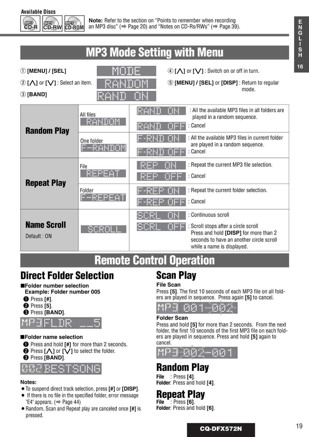 Panasonic operating instructions MP3 Mode Setting with Menu, Direct Folder Selection, Name Scroll, CQ-DFX572N19 