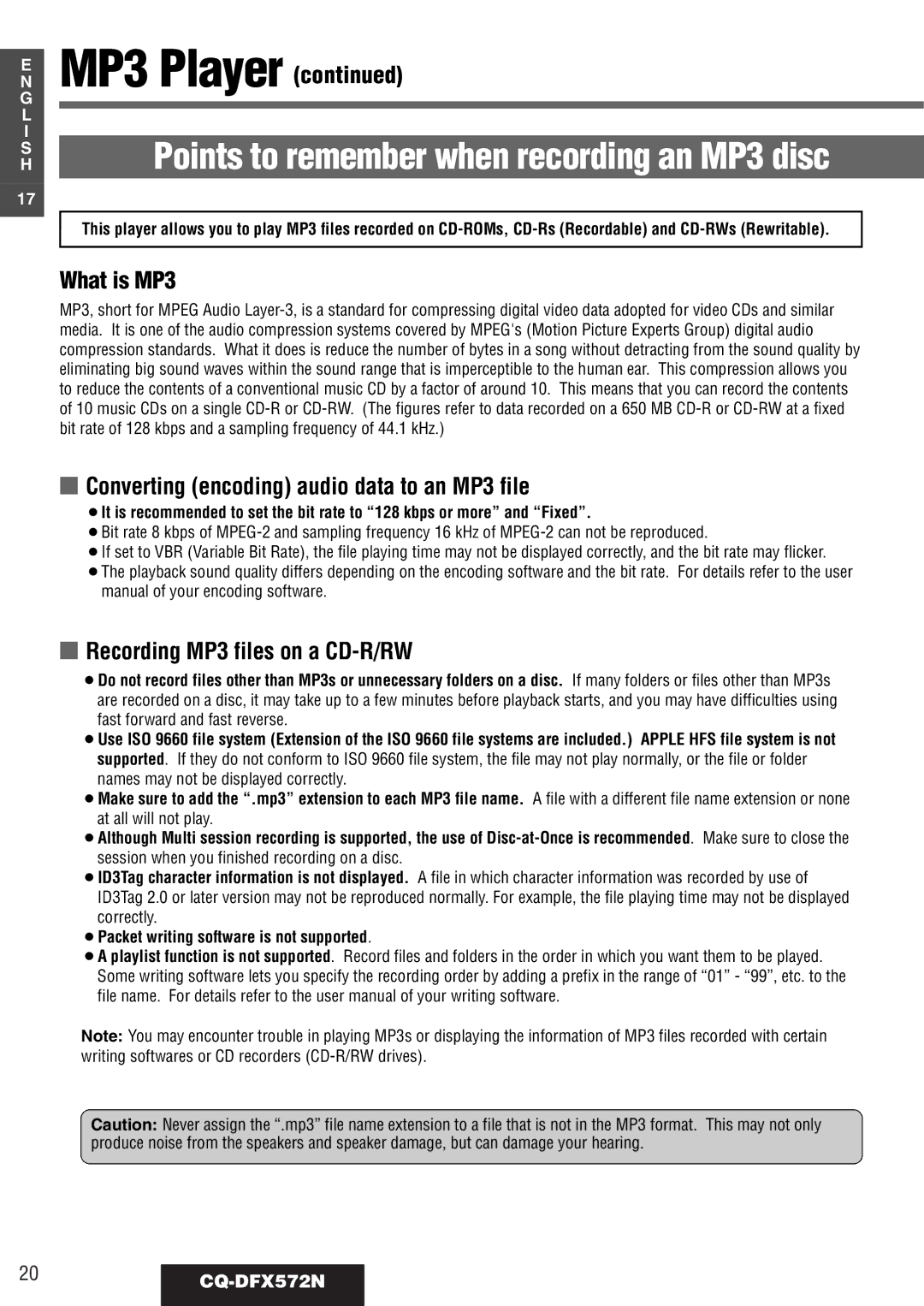 Panasonic operating instructions MP3 Player, 20CQ-DFX572N, ¡Packet writing software is not supported 