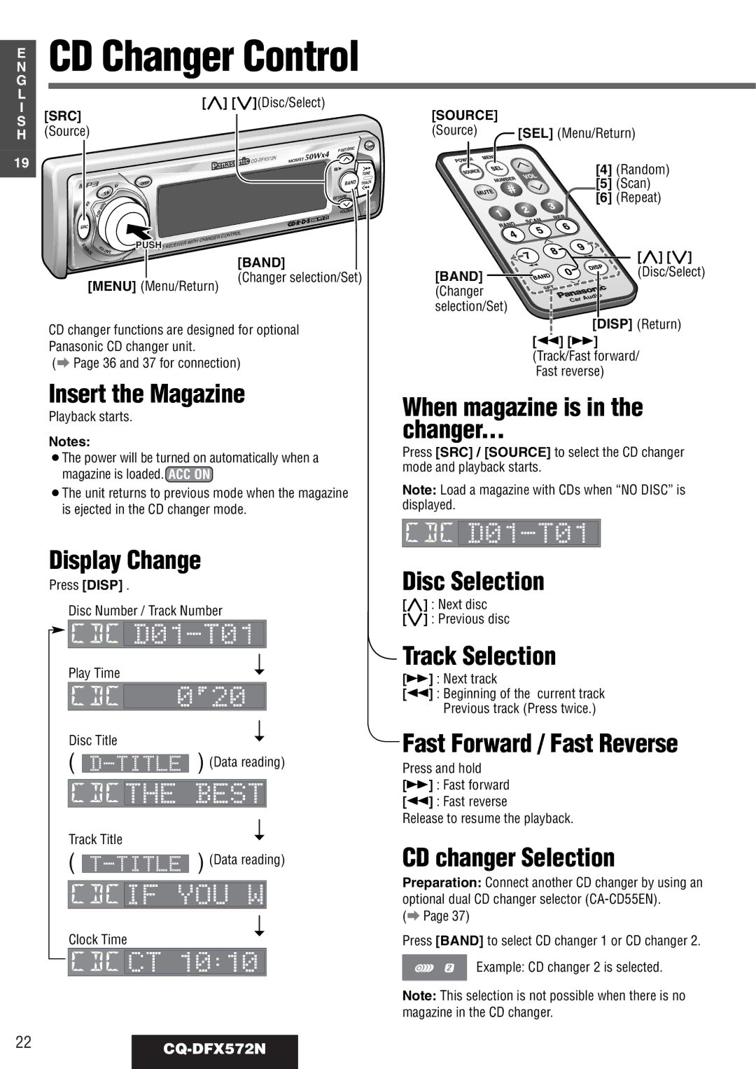 Panasonic CQ-DFX572N Insert the Magazine, When magazine is Changer, Disc Selection, Fast Forward / Fast Reverse 