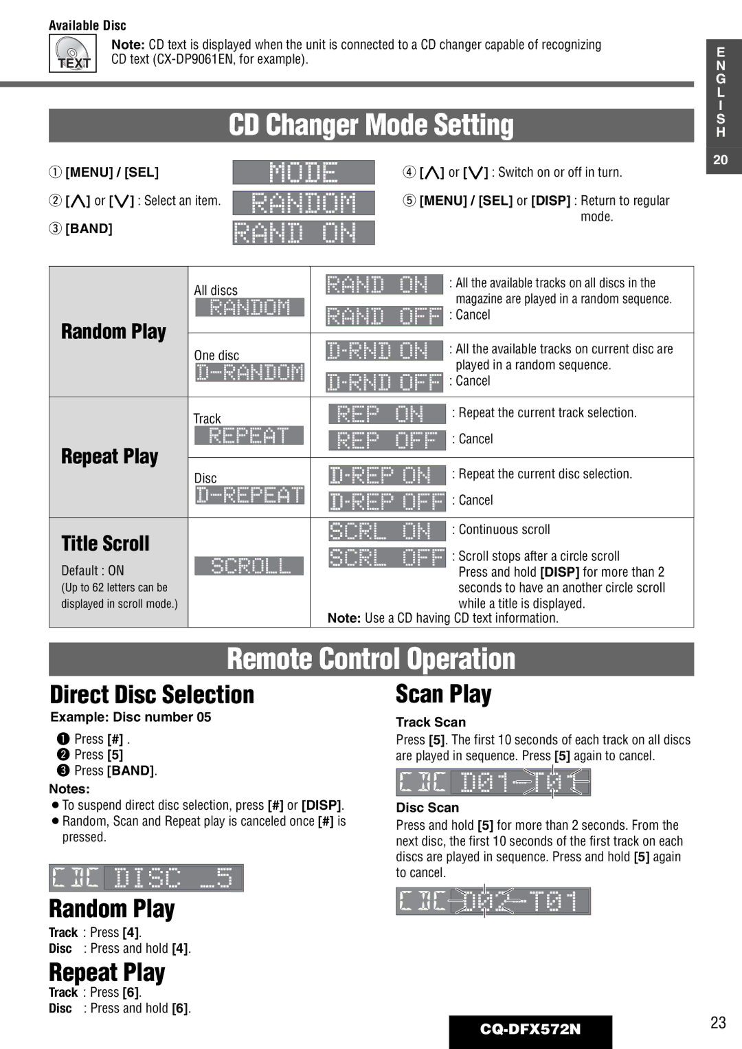 Panasonic operating instructions CD Changer Mode Setting, Direct Disc Selection, CQ-DFX572N23 