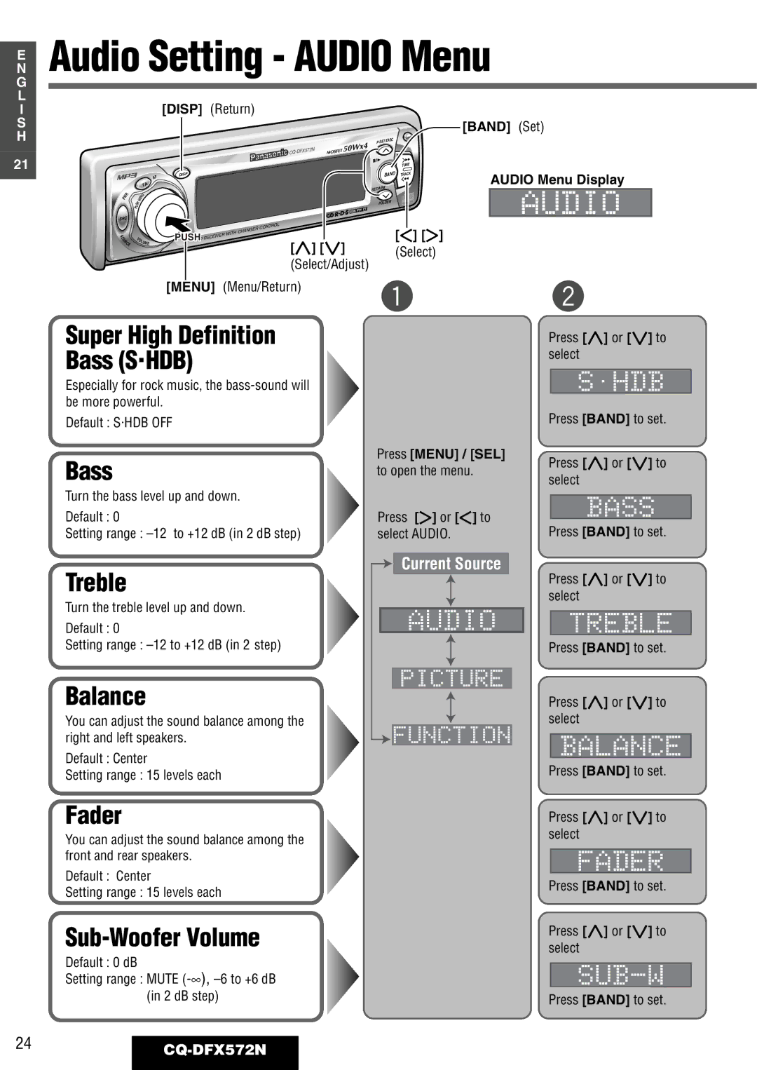 Panasonic CQ-DFX572N operating instructions Audio Setting Audio Menu, Bass, Treble, Balance, Sub-Woofer Volume 