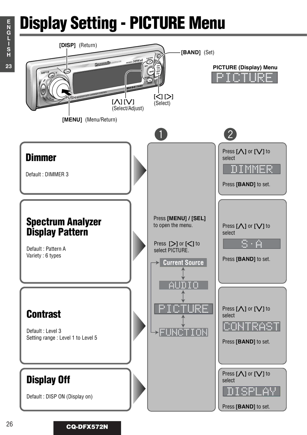 Panasonic operating instructions Display Setting Picture Menu, Dimmer, Contrast, Display Off, 26CQ-DFX572N 