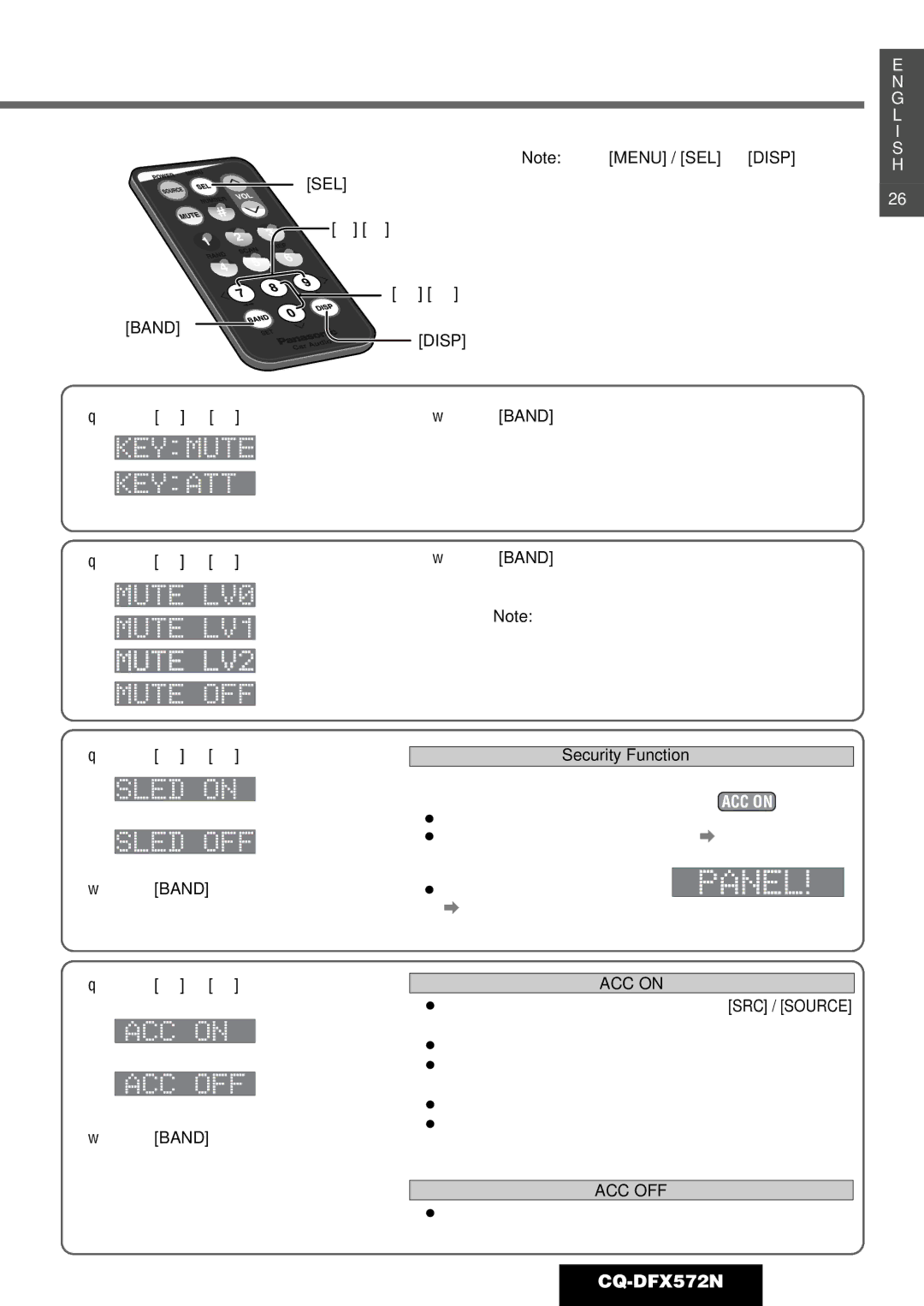 Panasonic CQ-DFX572N29, SEL Menu/Return To the regular mode Select Select/Adjust, Security Function 