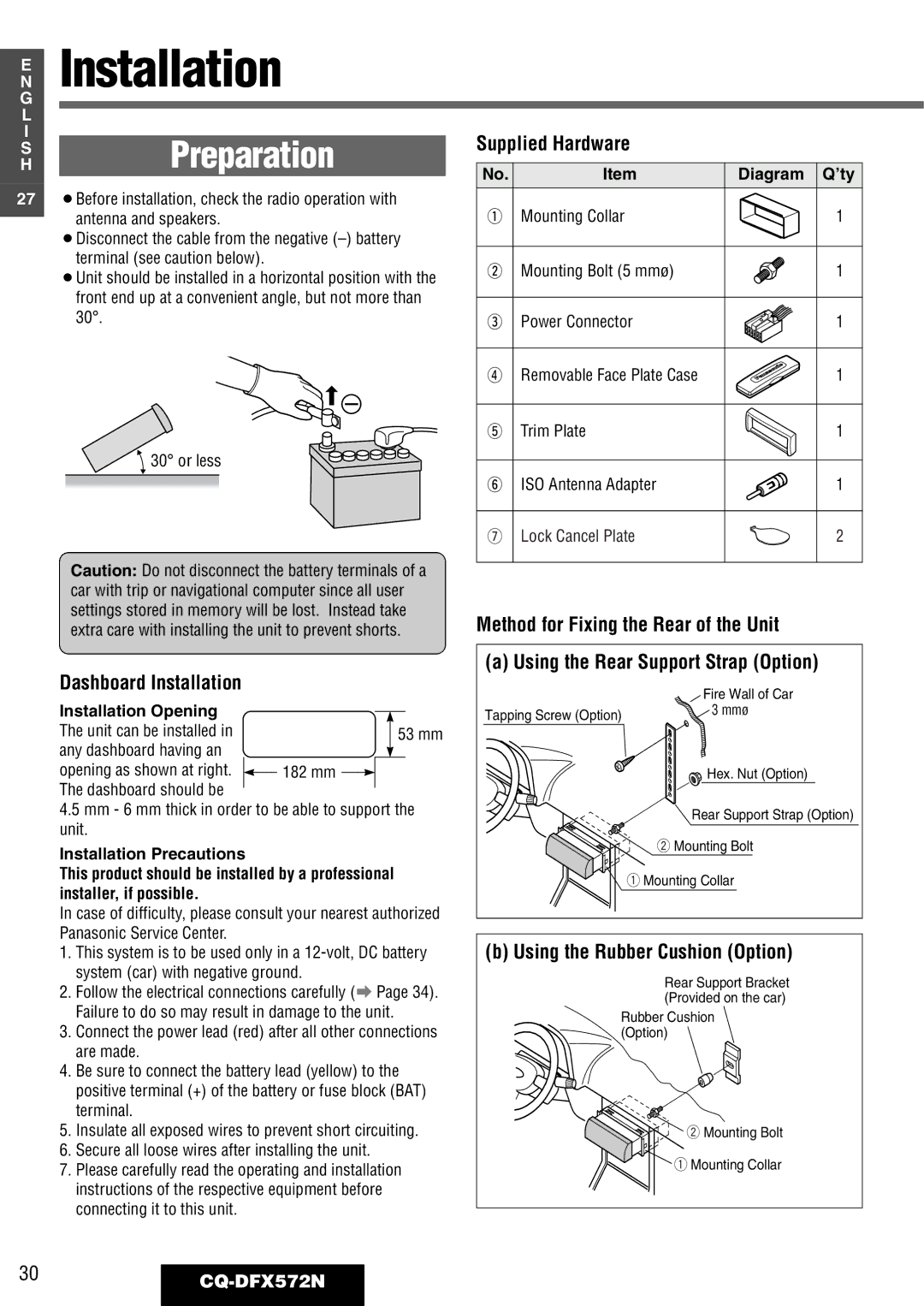 Panasonic operating instructions Preparation, 30CQ-DFX572N, Diagram Q’ty, Installation Opening 