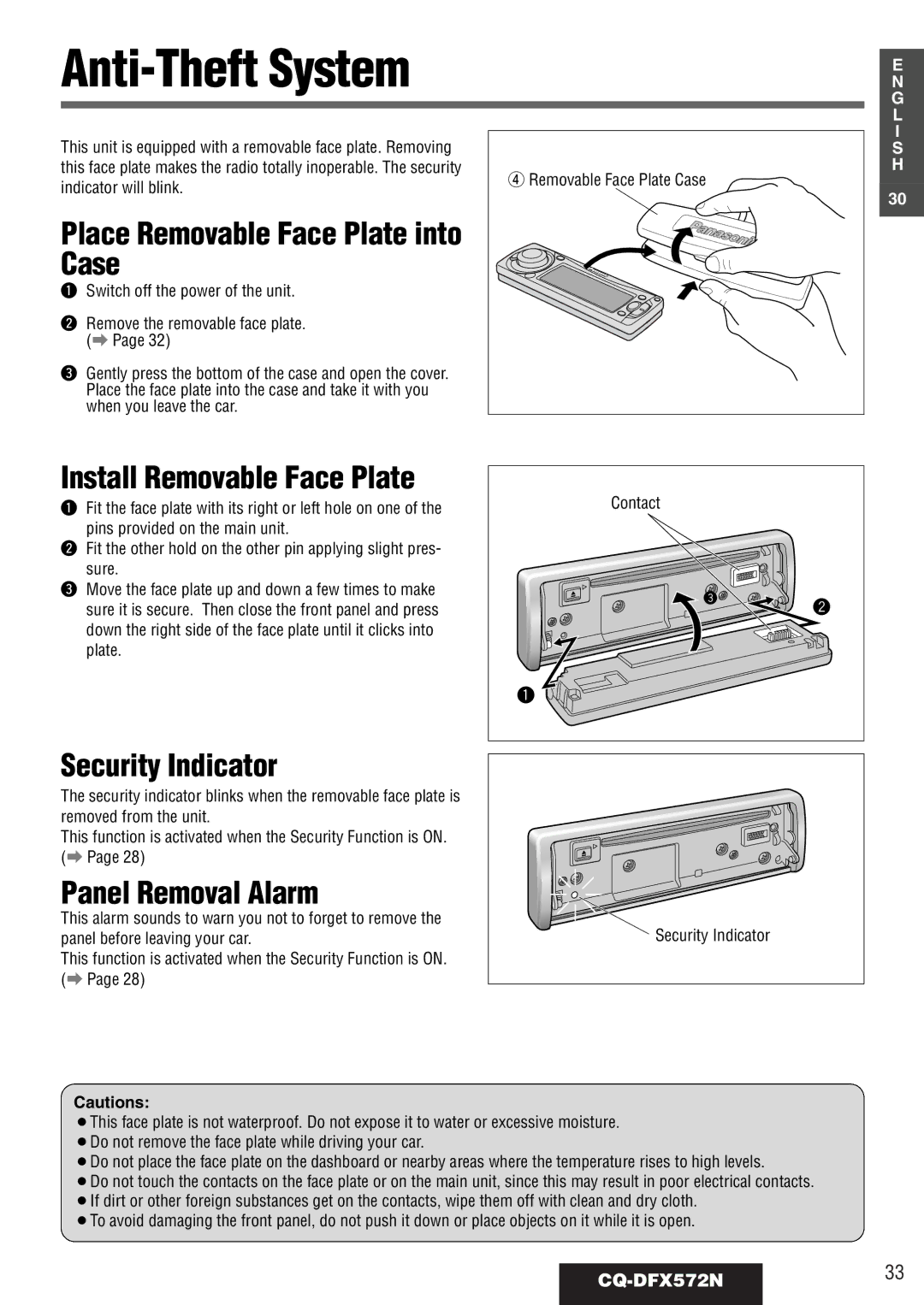 Panasonic CQ-DFX572N Anti-Theft System, Place Removable Face Plate into Case, Install Removable Face Plate 