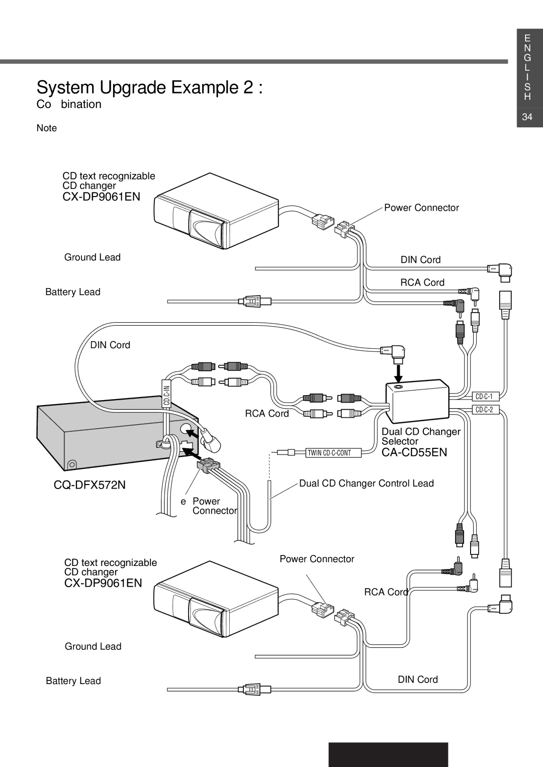 Panasonic System Upgrade Example 2 Connecting Two CD Changers, CQ-DFX572N37, DIN Cord, RCA Cord Ground Lead Black 