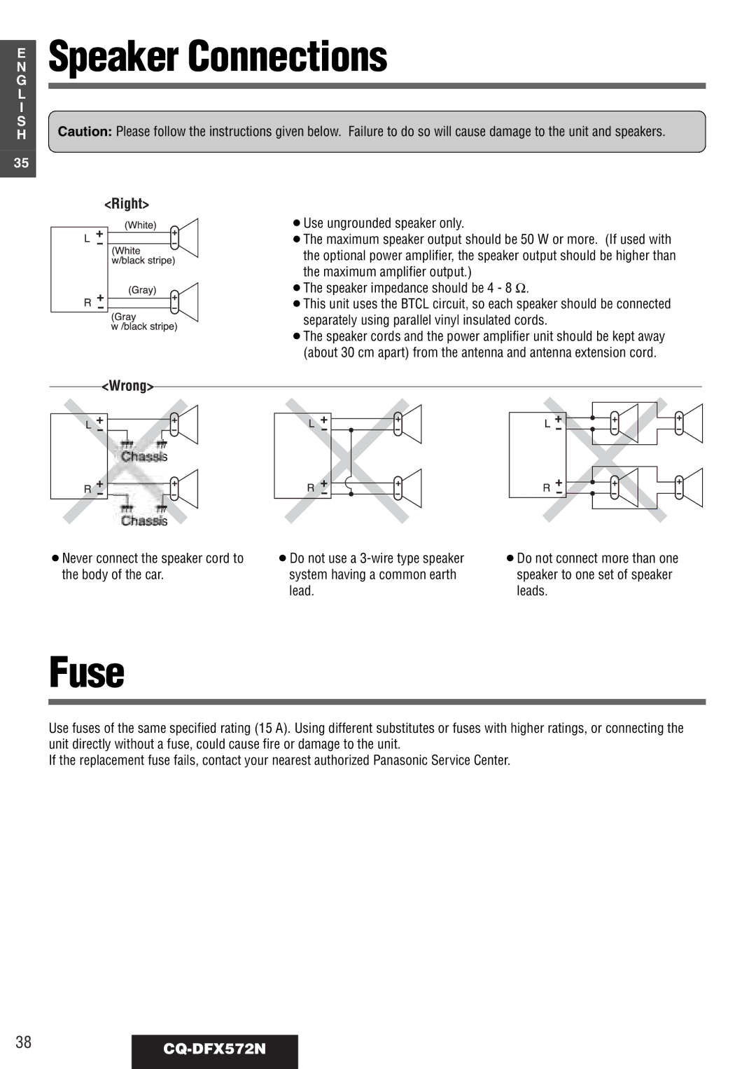 Panasonic operating instructions Speaker Connections, Fuse, 38CQ-DFX572N 