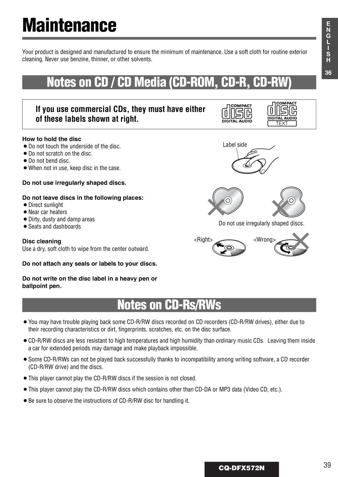 Panasonic operating instructions Maintenance, CQ-DFX572N39, How to hold the disc, Disc cleaning 