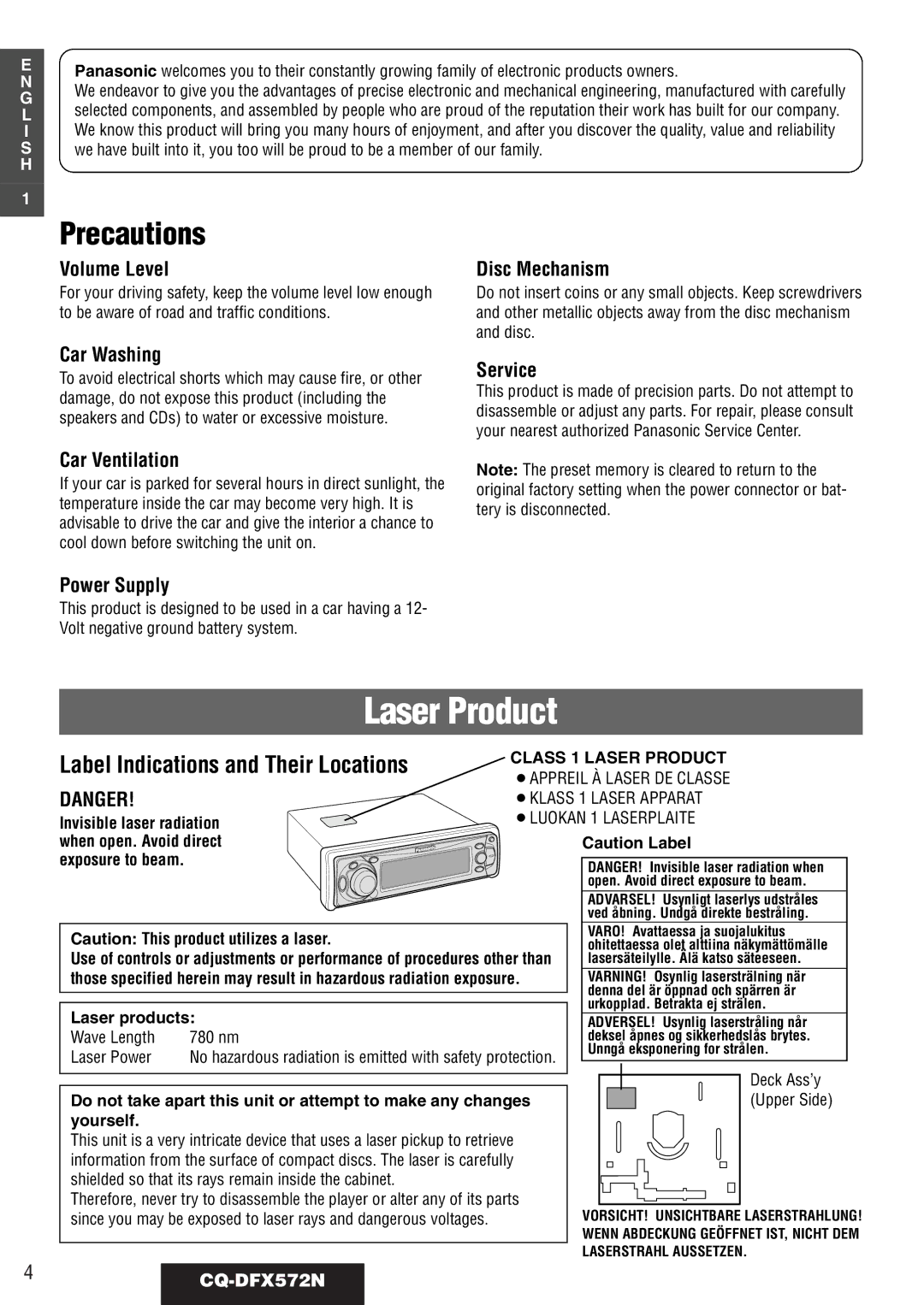 Panasonic CQ-DFX572N operating instructions Precautions 