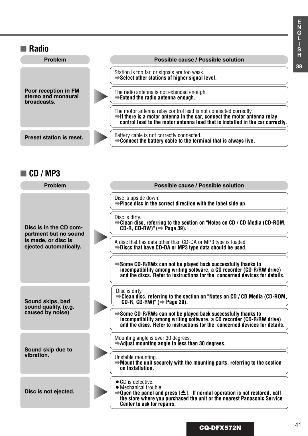 Panasonic operating instructions Radio, CD / MP3, CQ-DFX572N41 