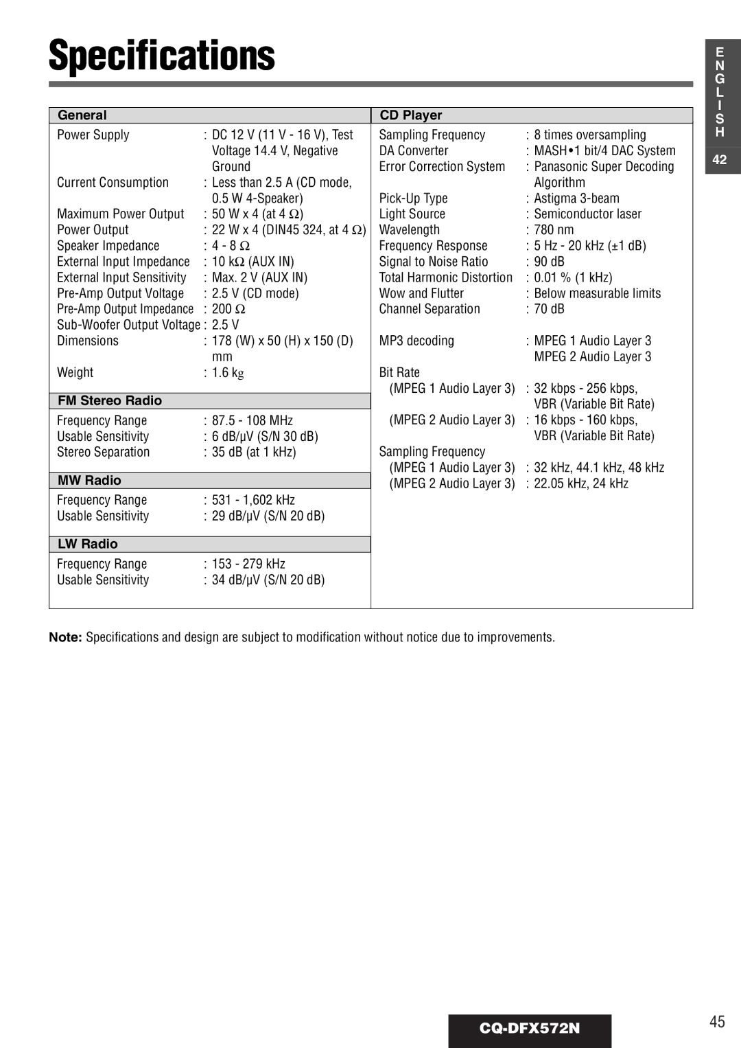 Panasonic operating instructions Specifications, CQ-DFX572N45 