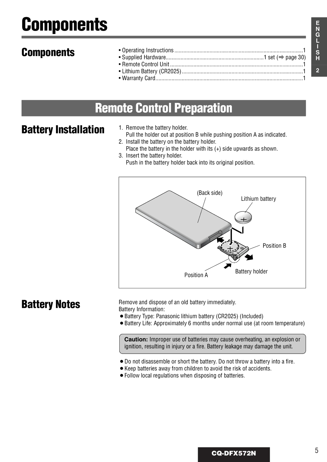 Panasonic CQ-DFX572N operating instructions Remote Control Preparation, Components, Battery Notes 