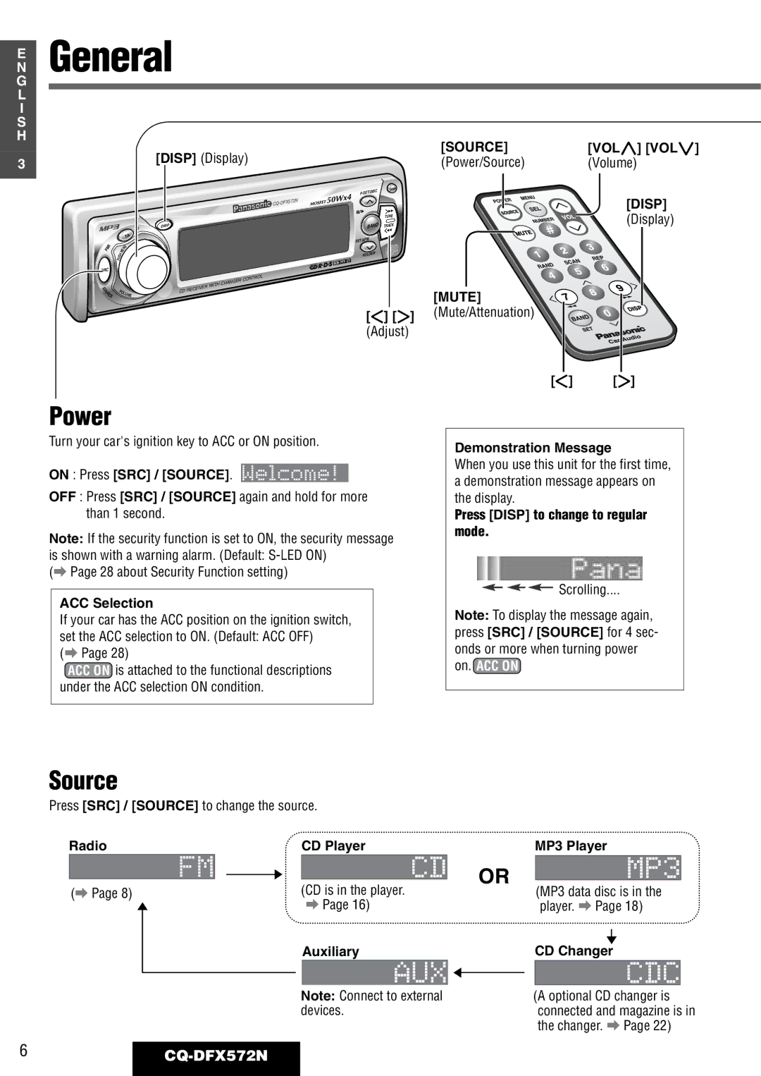 Panasonic CQ-DFX572N operating instructions General, Power, Source 