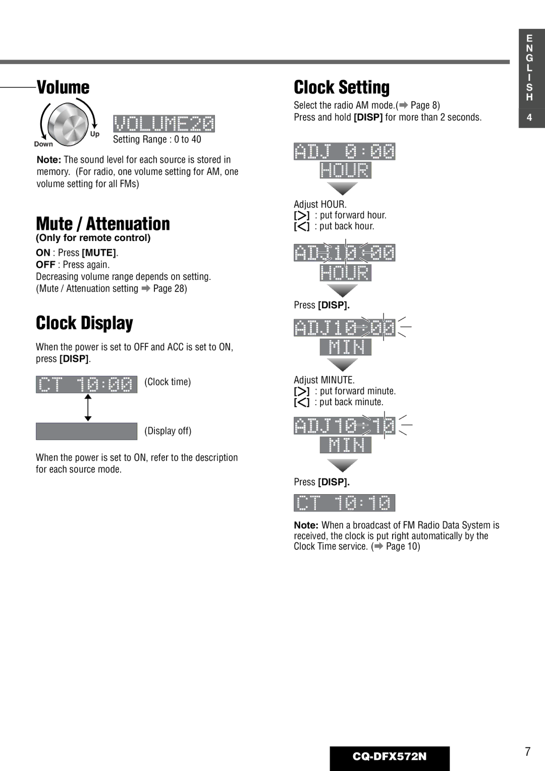 Panasonic CQ-DFX572N Volume, Mute / Attenuation, Clock Display, Only for remote control On Press Mute, Press Disp 