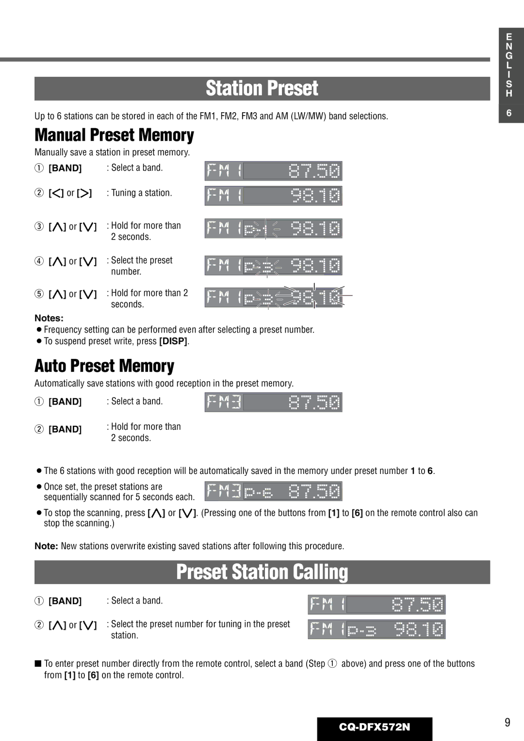 Panasonic CQ-DFX572N Station Preset, Preset Station Calling, Manual Preset Memory, Auto Preset Memory 